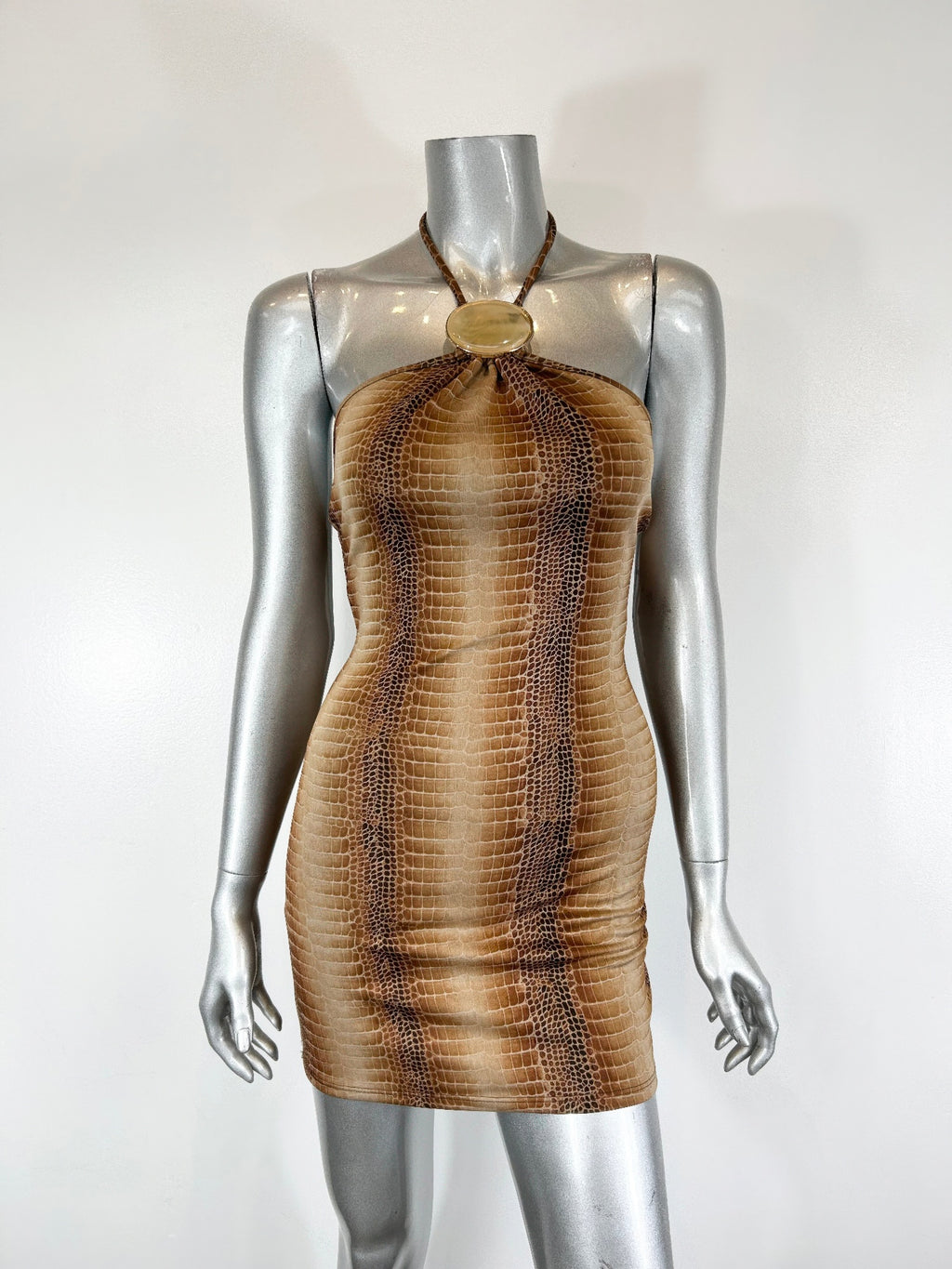Bronze/gold string neck mini dress with trim detail, front view on mannequin