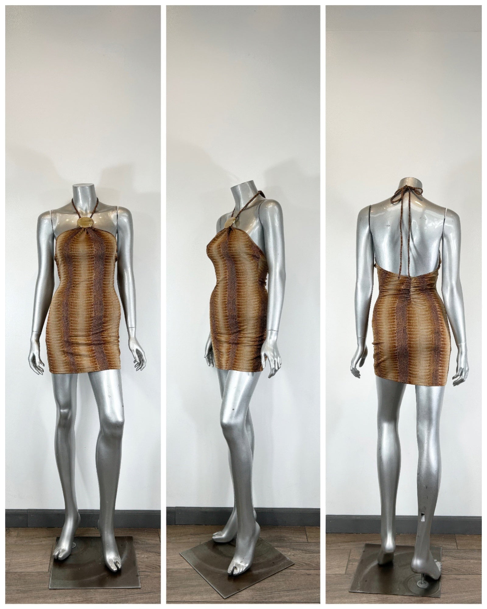 Three-view look: bronze/gold string neck mini dress with trim detail
