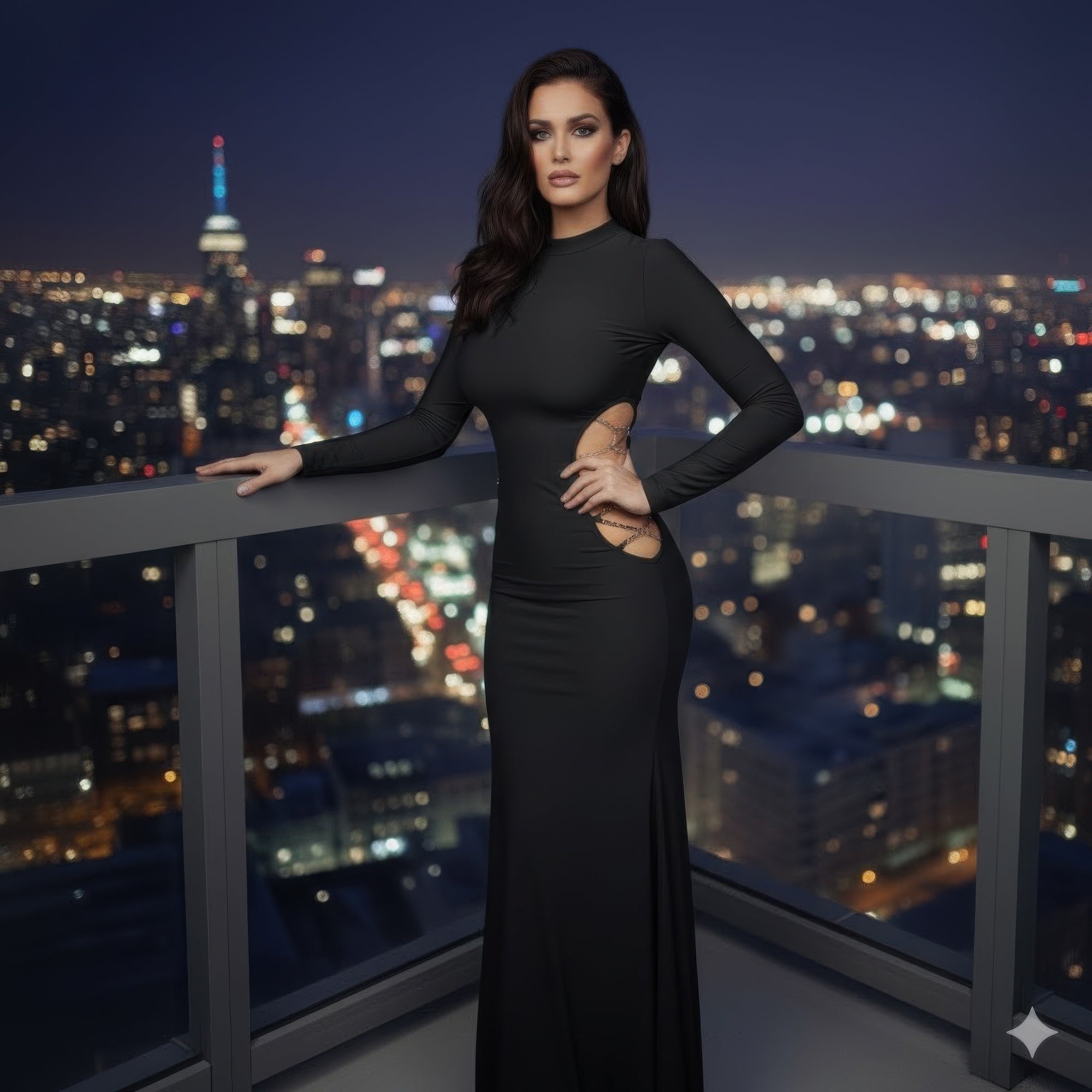 Black long-sleeve high-neck fitted maxi dress with chain-detail cutout at hip