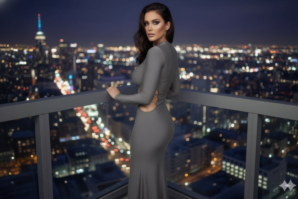 Grey long-sleeve high-neck fitted maxi dress, side view with chain-detail cutout
