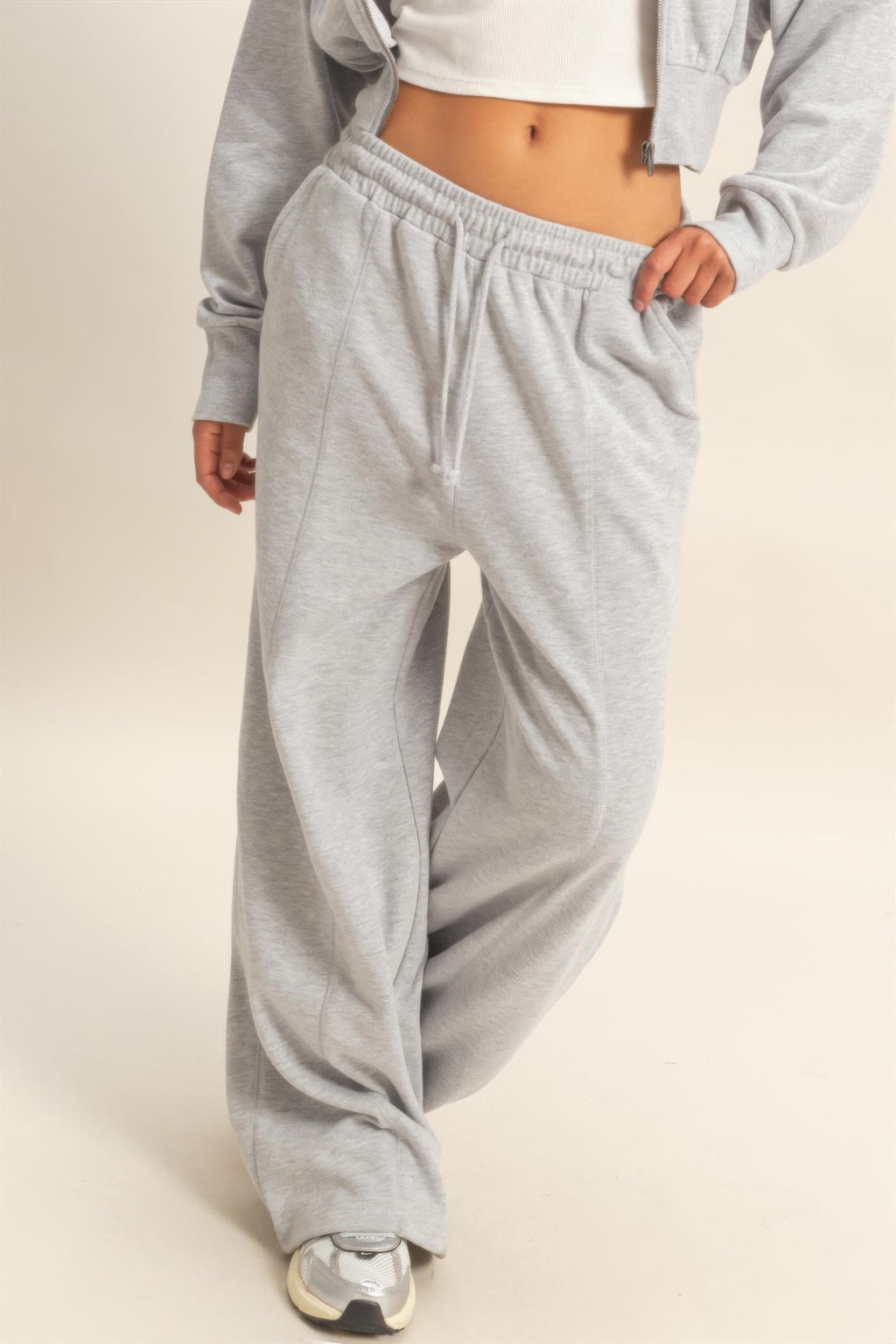 Acid-wash French terry wide-leg pants, heather grey with drawstring waist