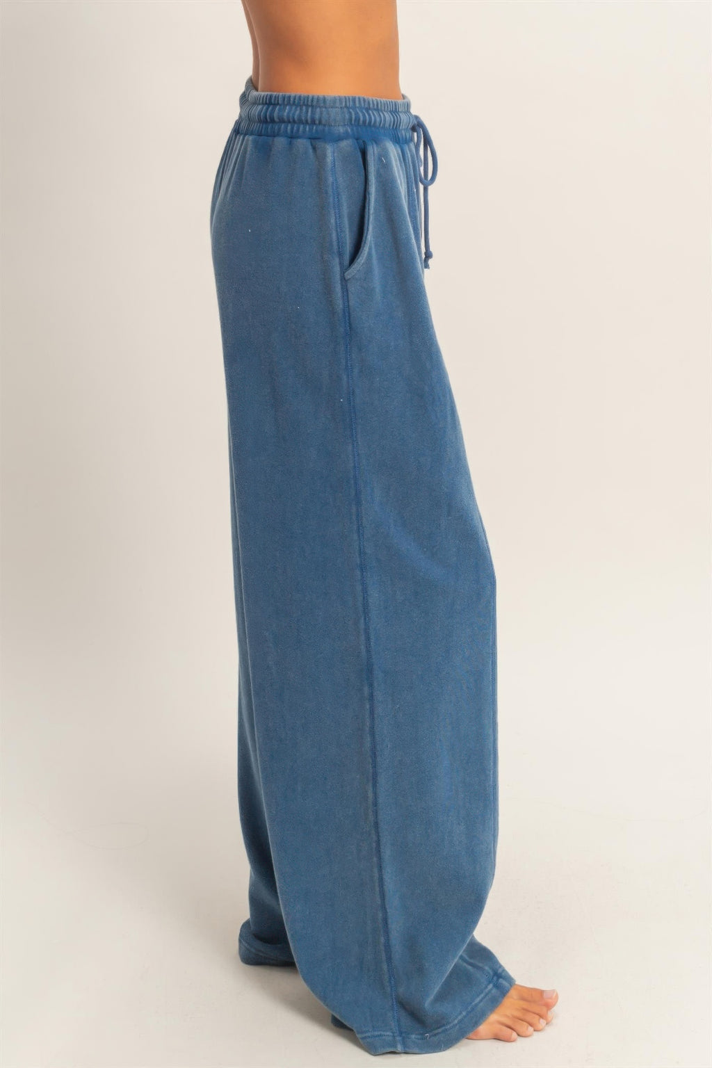 Blue French terry wide-leg pants with drawstring waist and relaxed fit