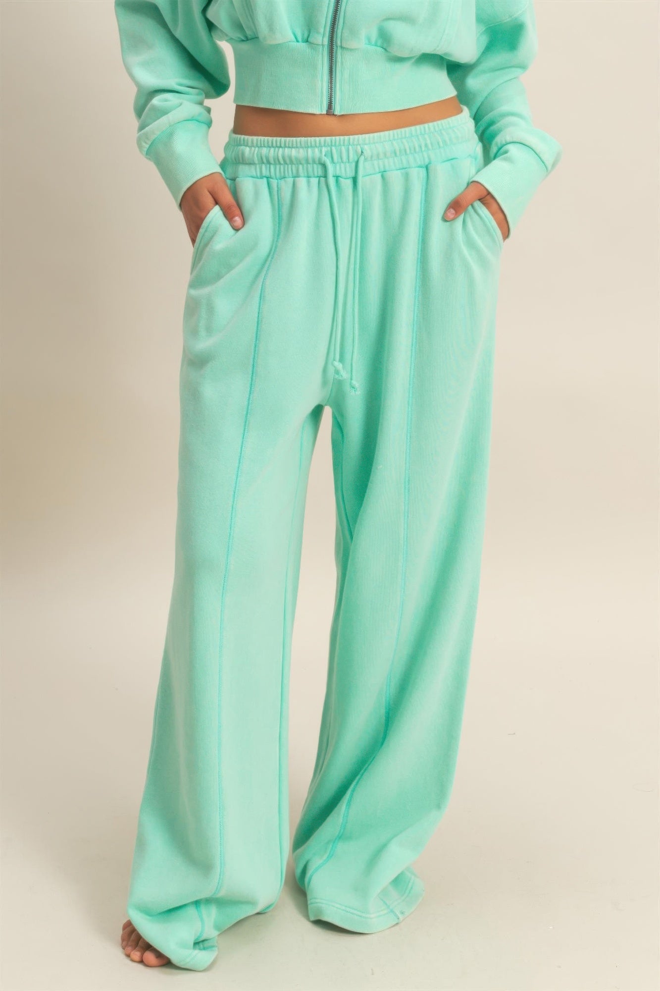 Acid wash French terry wide-leg pants, mint green elastic waist