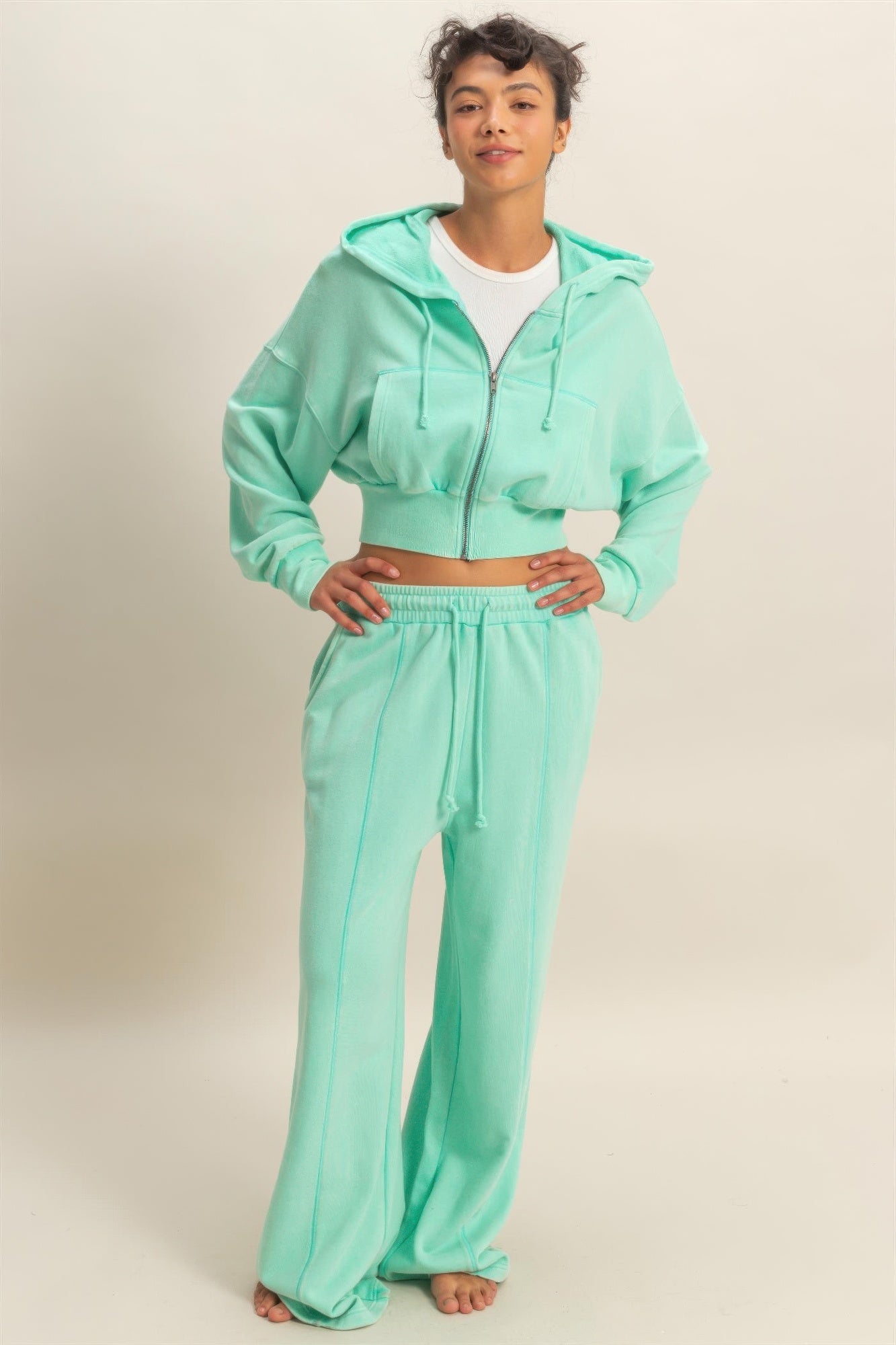 French terry wide-leg pants in mint with drawstring waistband, relaxed fit