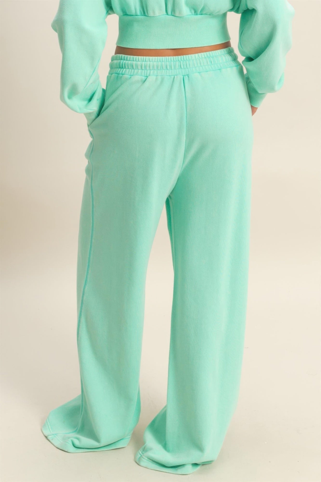 Mint green wide-leg pants, full length with soft terry knit look