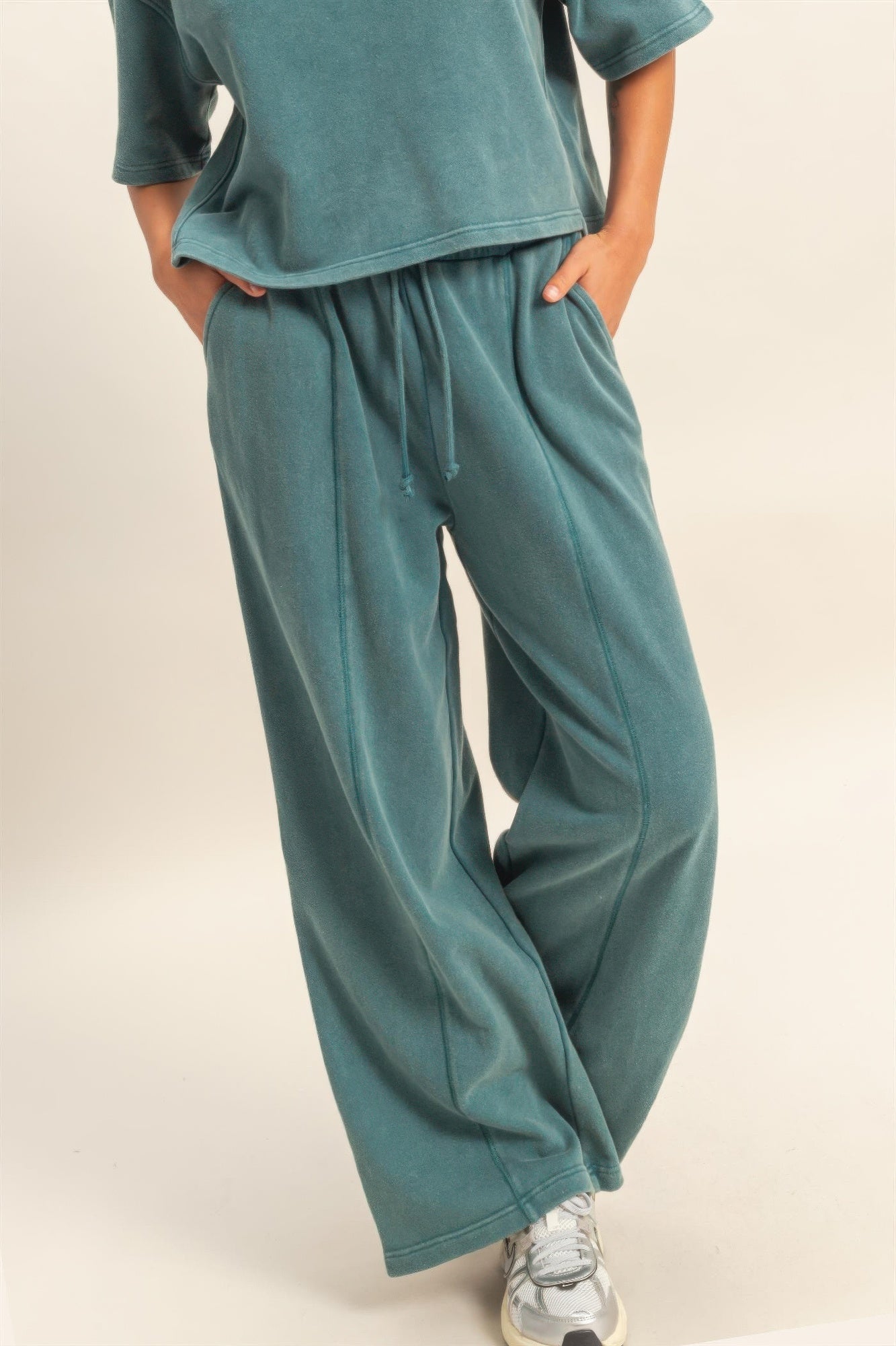 Acid wash French terry wide-leg pants, dark teal, drawstring waist, side pockets