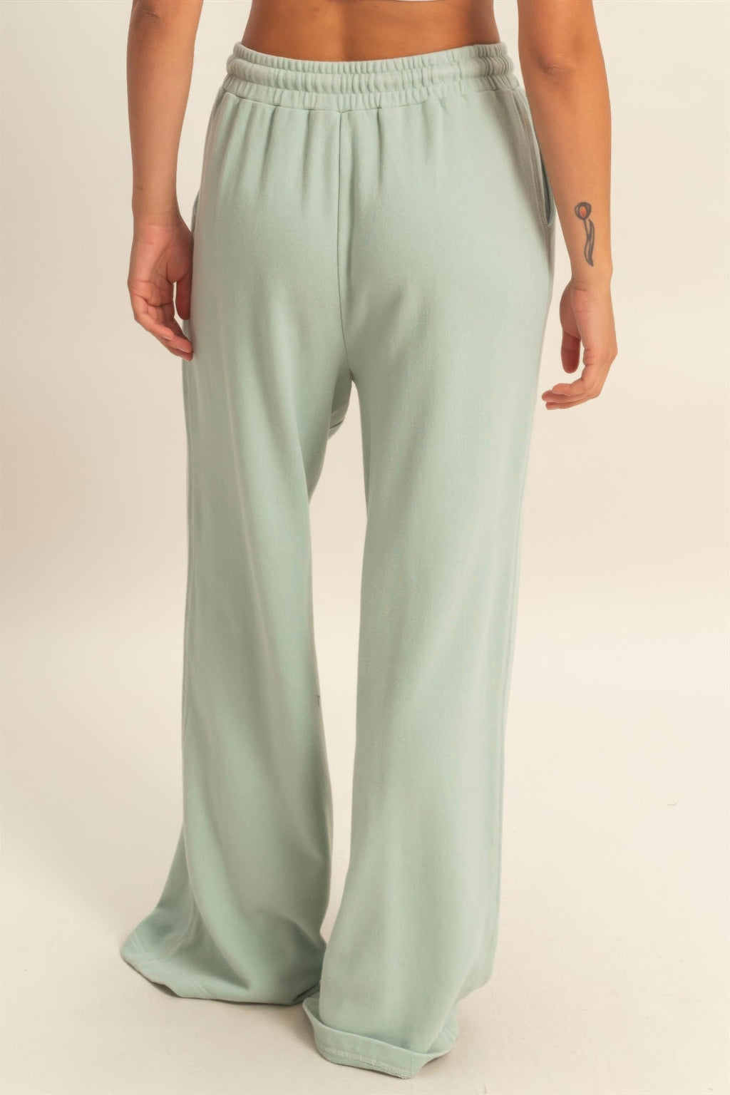 Mint green acid wash wide-leg French terry pants, elastic waistband, clean front seams