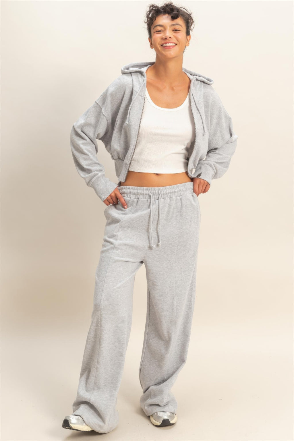 Heather grey wide-leg French terry sweatpants with elastic drawstring waist