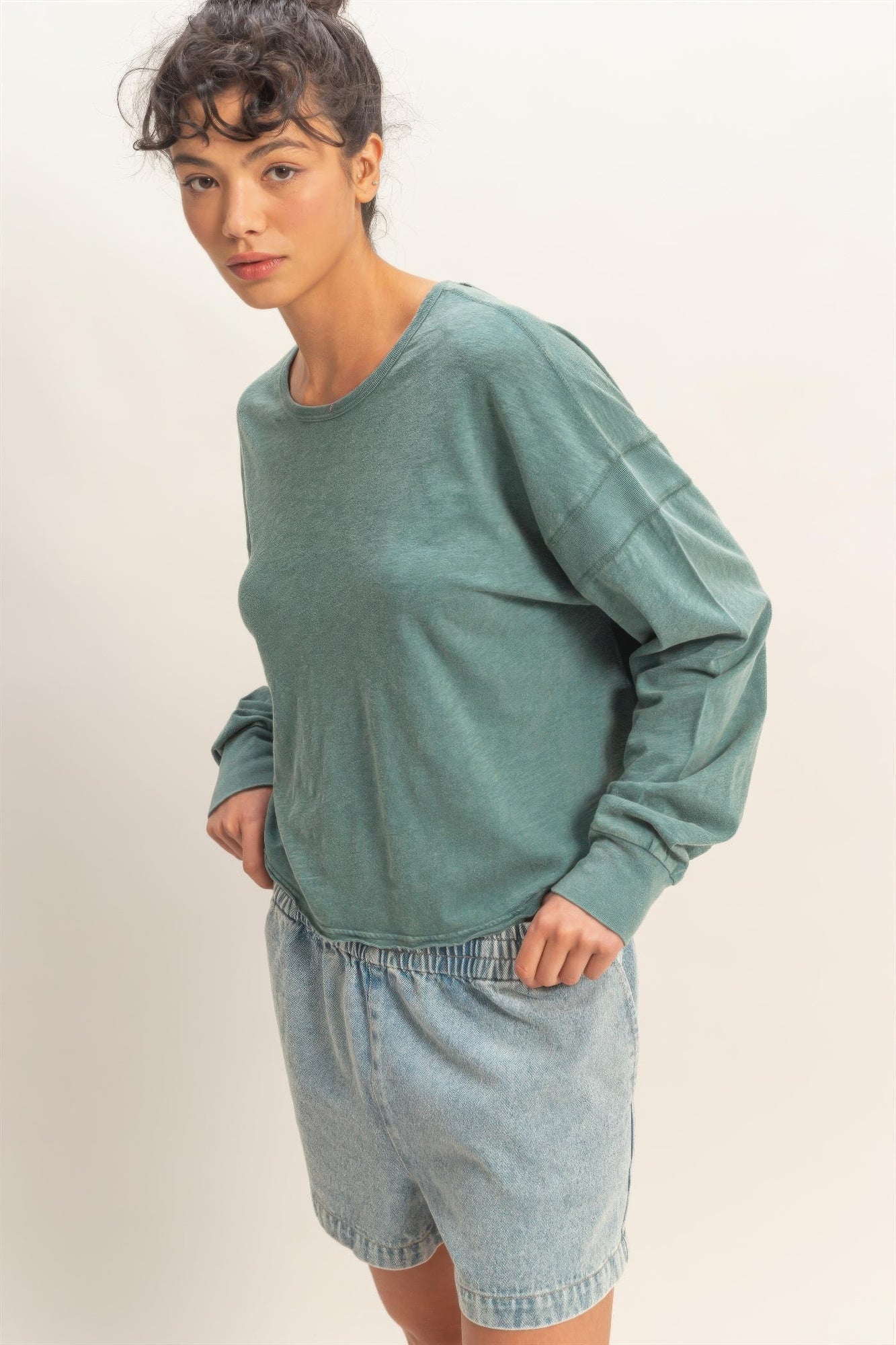 Cross detail open-back long-sleeve top, dark teal, crew neck