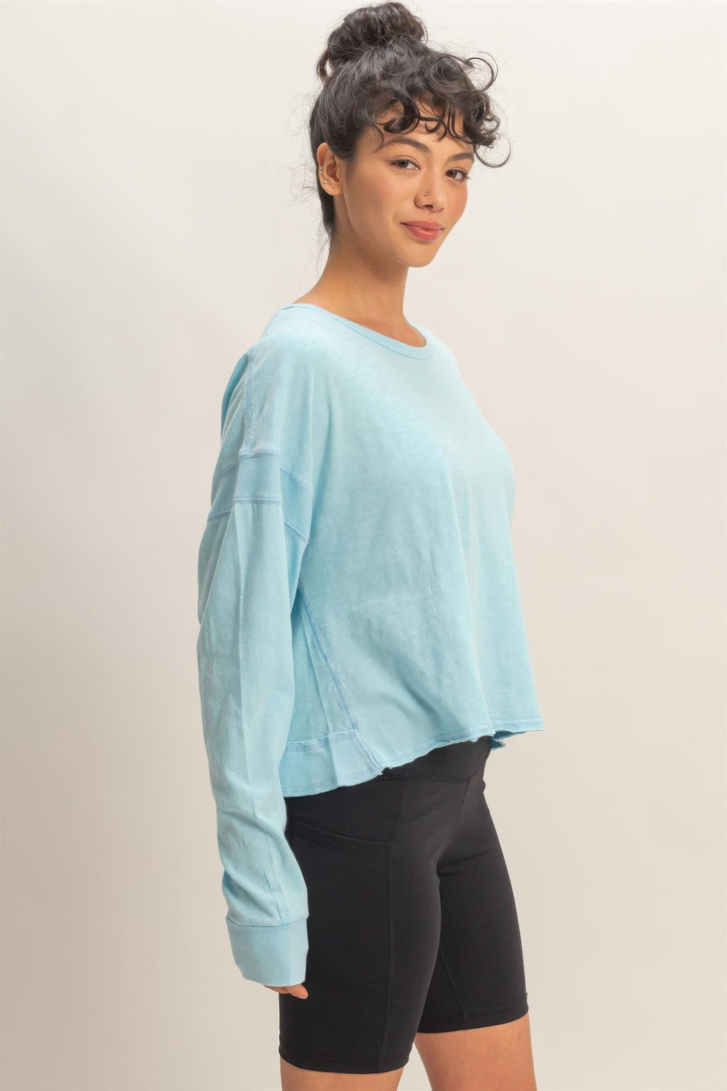 Cross detail open-back long-sleeve top, light blue, loose silhouette