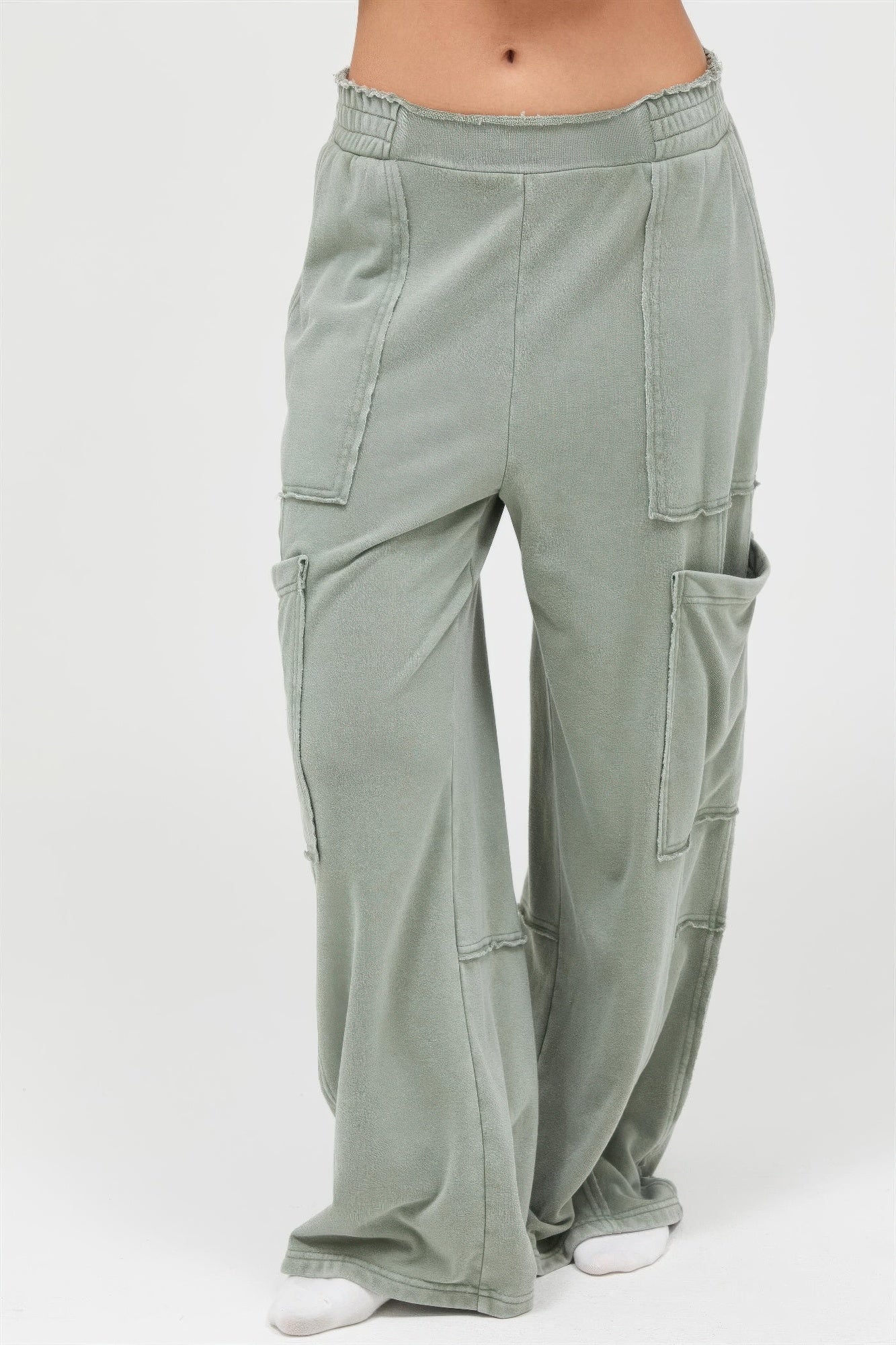 Mineral wash wide-leg cargo pants in sage green, elastic waistband, cargo pocket flaps