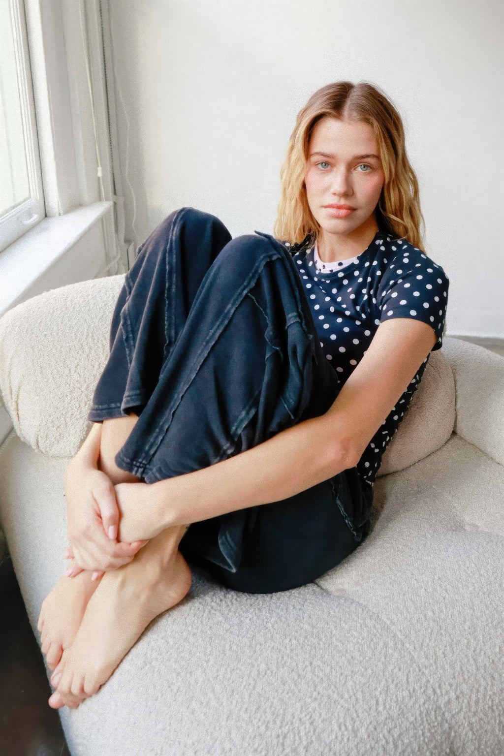 Mineral-wash wide-leg cargo pants, dusty blue with patch cargo pockets