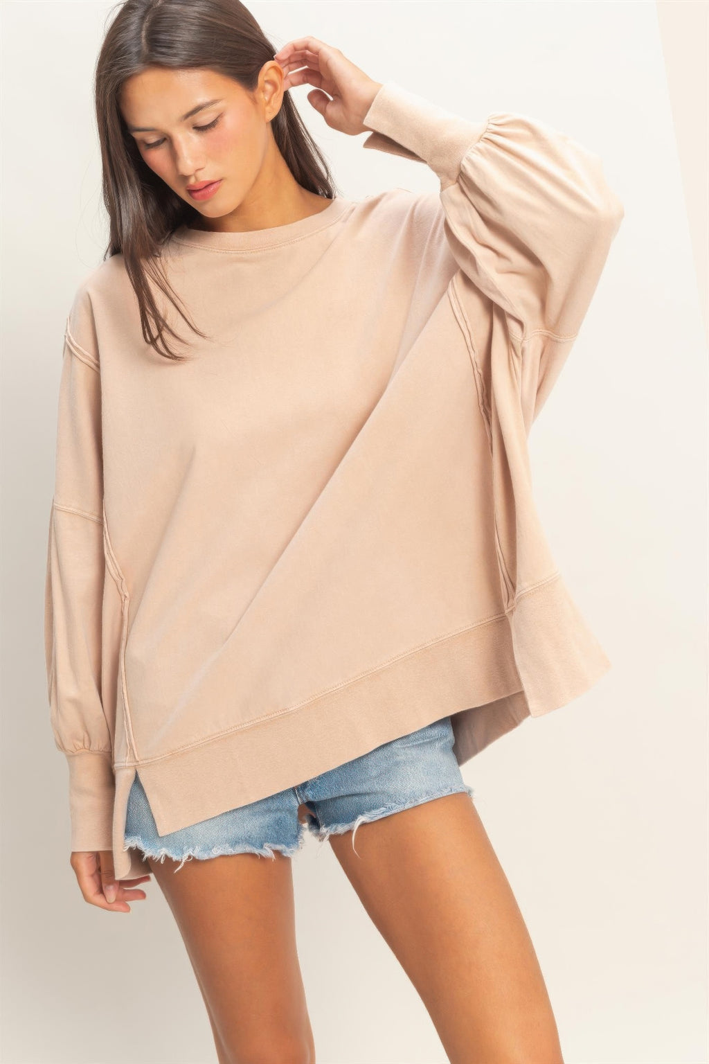 Oversized Seam Detail Long Sleeve Top, taupe with wide sleeves and relaxed drape