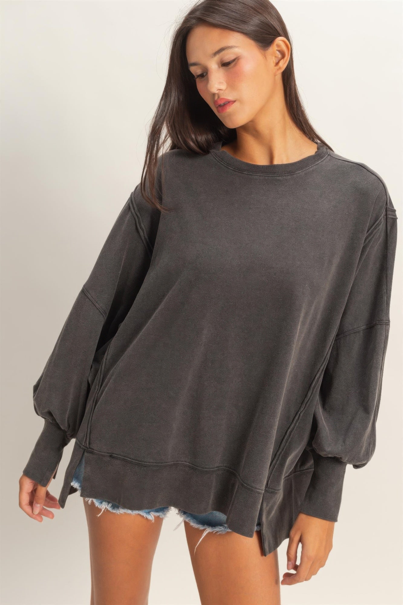 Oversized Seam Detail Long Sleeve Top, black wash with dropped seam and wide sleeves