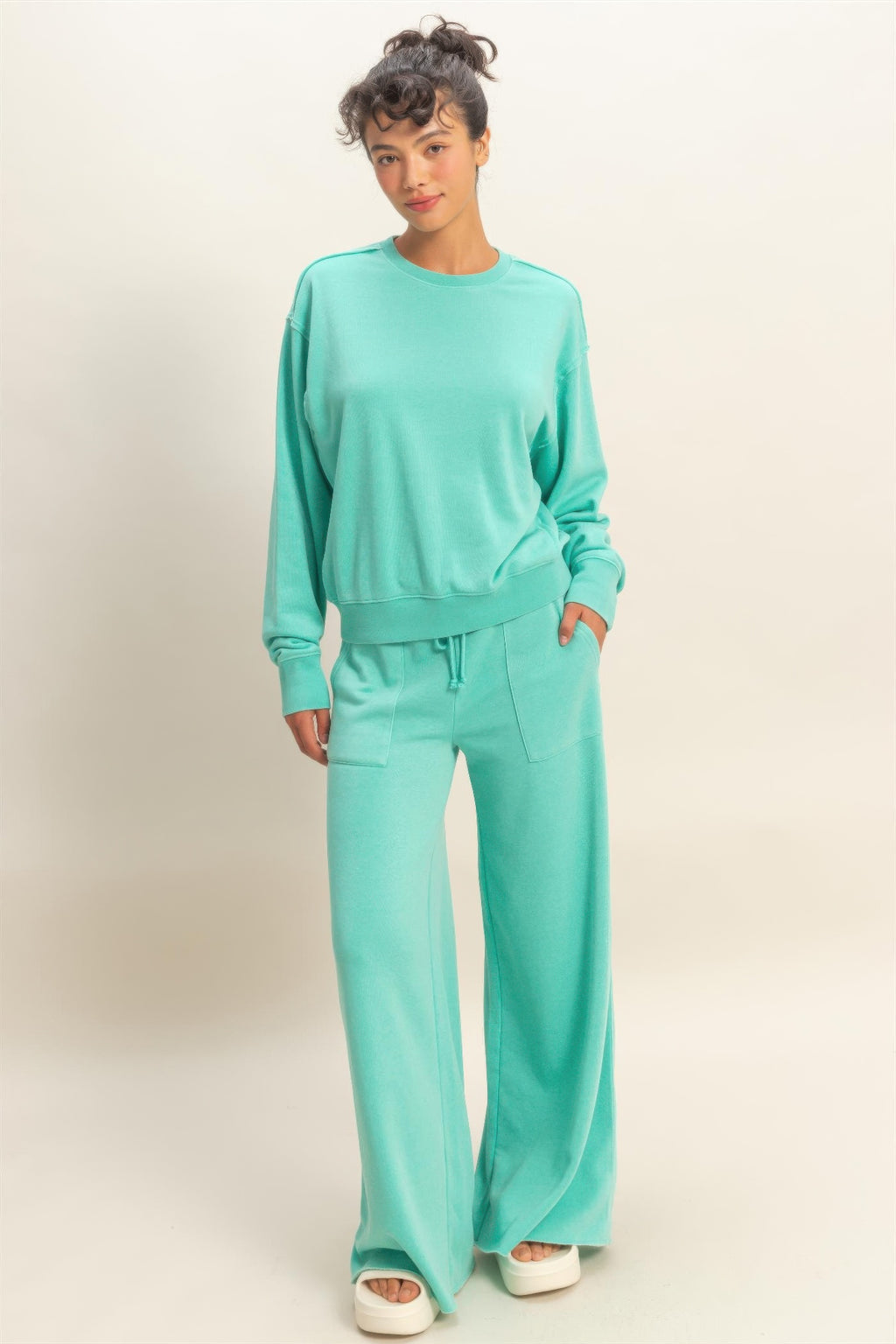 Turquoise burnout sweatshirt, relaxed fit, crew neck, long sleeves