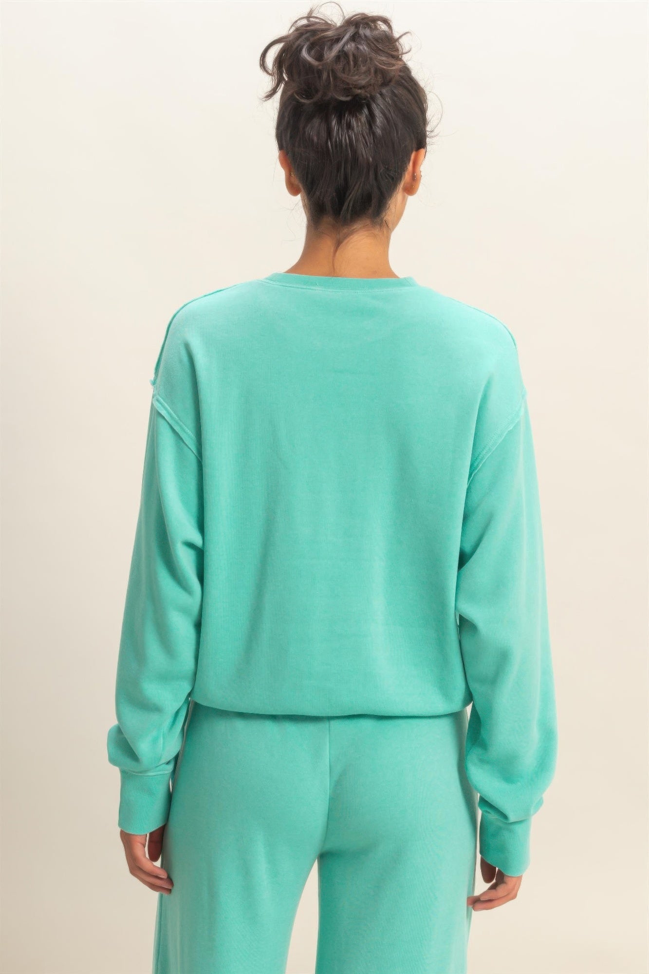 Turquoise burnout sweatshirt back view with crew neck and long sleeves