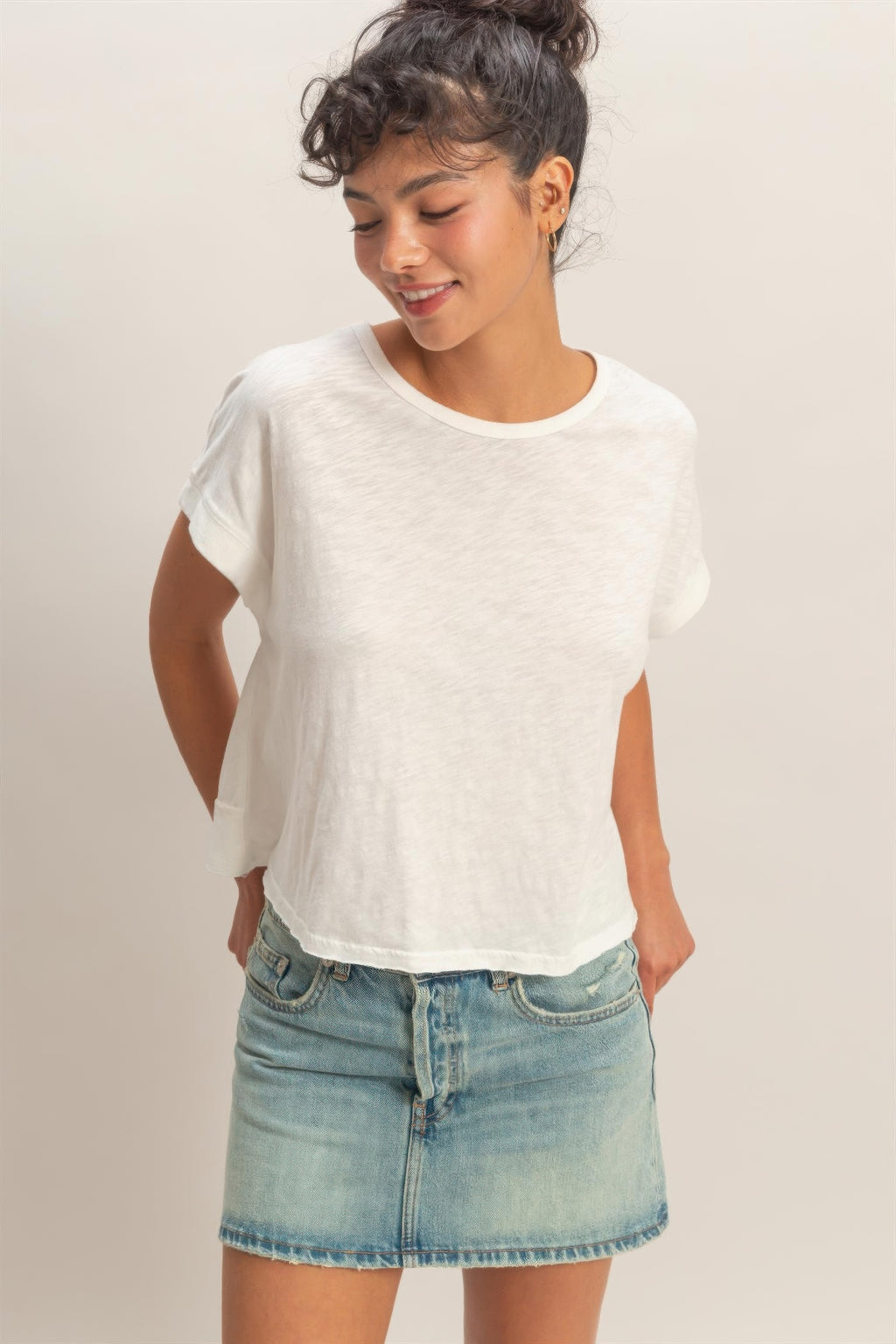 Acid-wash cross-detail open-back top in white, crew neck front view