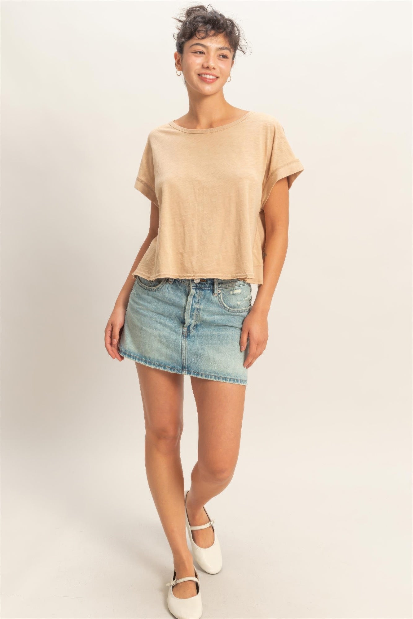Acid-wash cross-detail open-back top in whip cream, crew neck front view