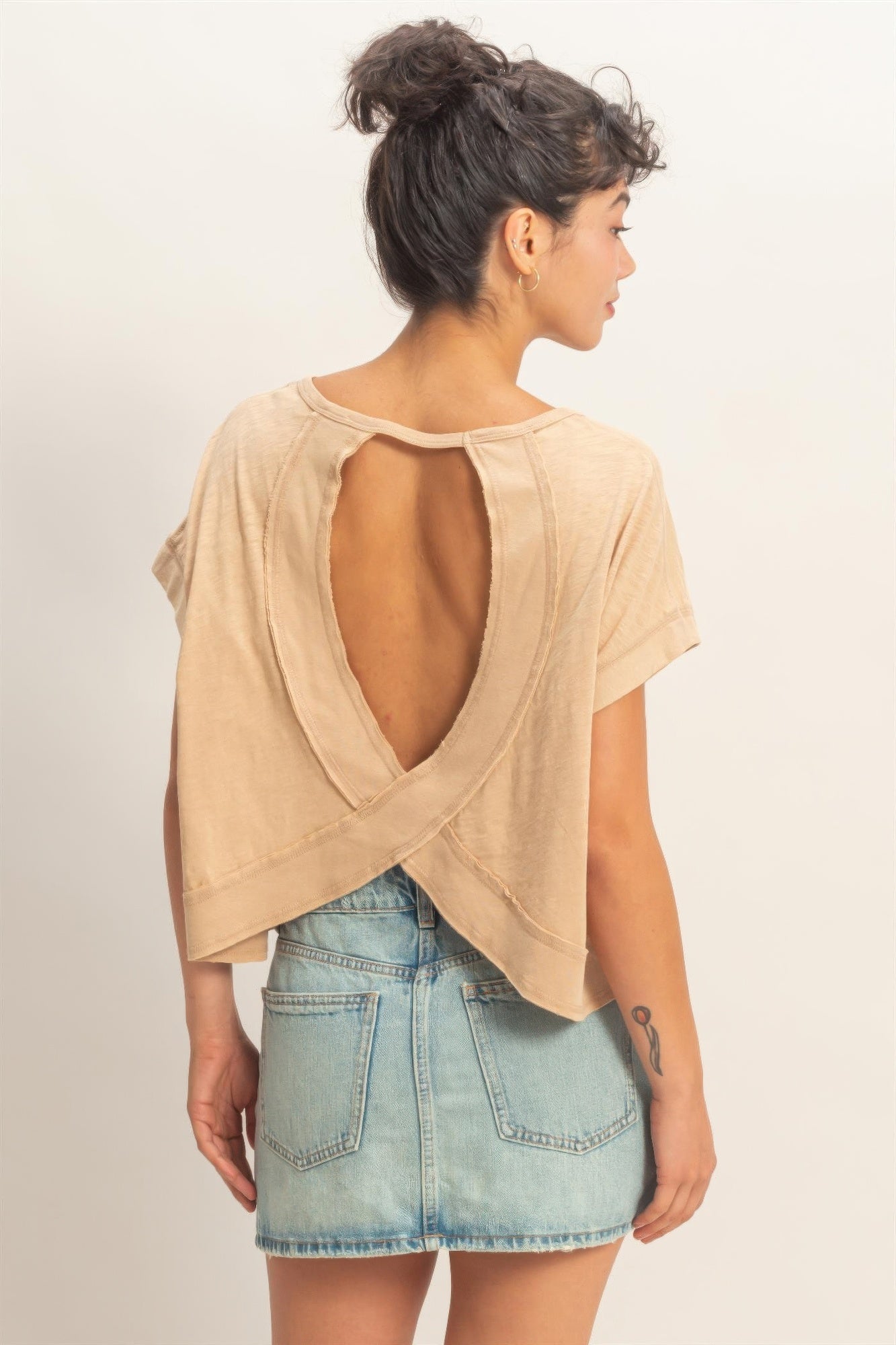 Whip cream acid-wash cross-detail open-back top, back view with deep V cutout