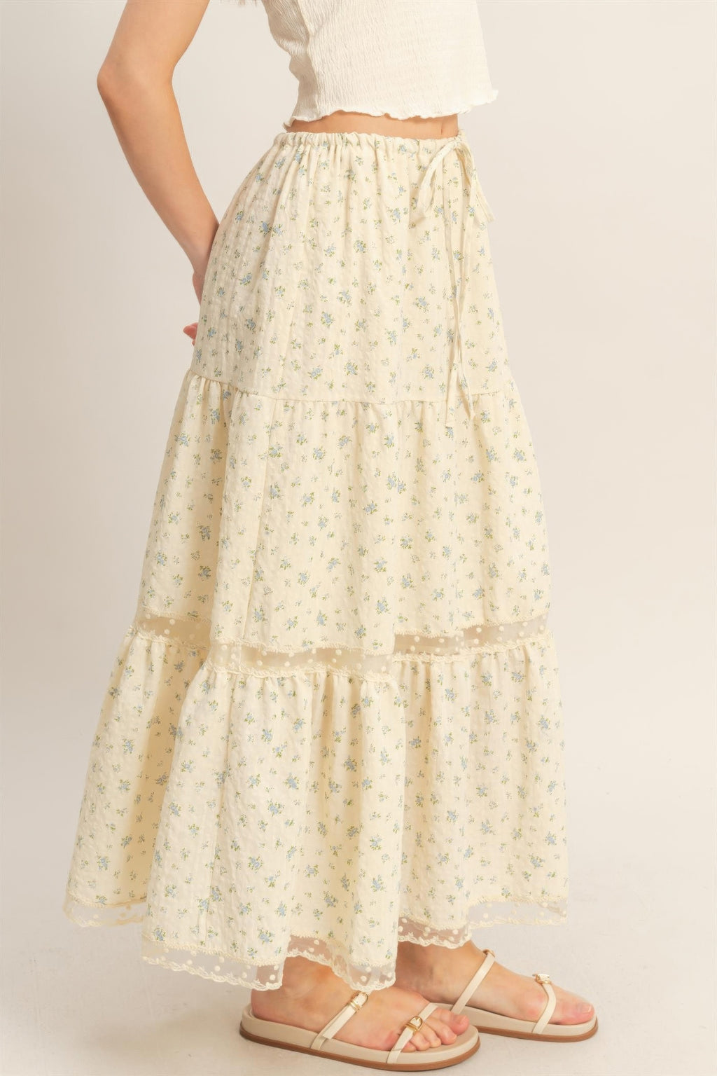 Tiered lace-trim skirt with elastic waistband, cream base, delicate allover floral print