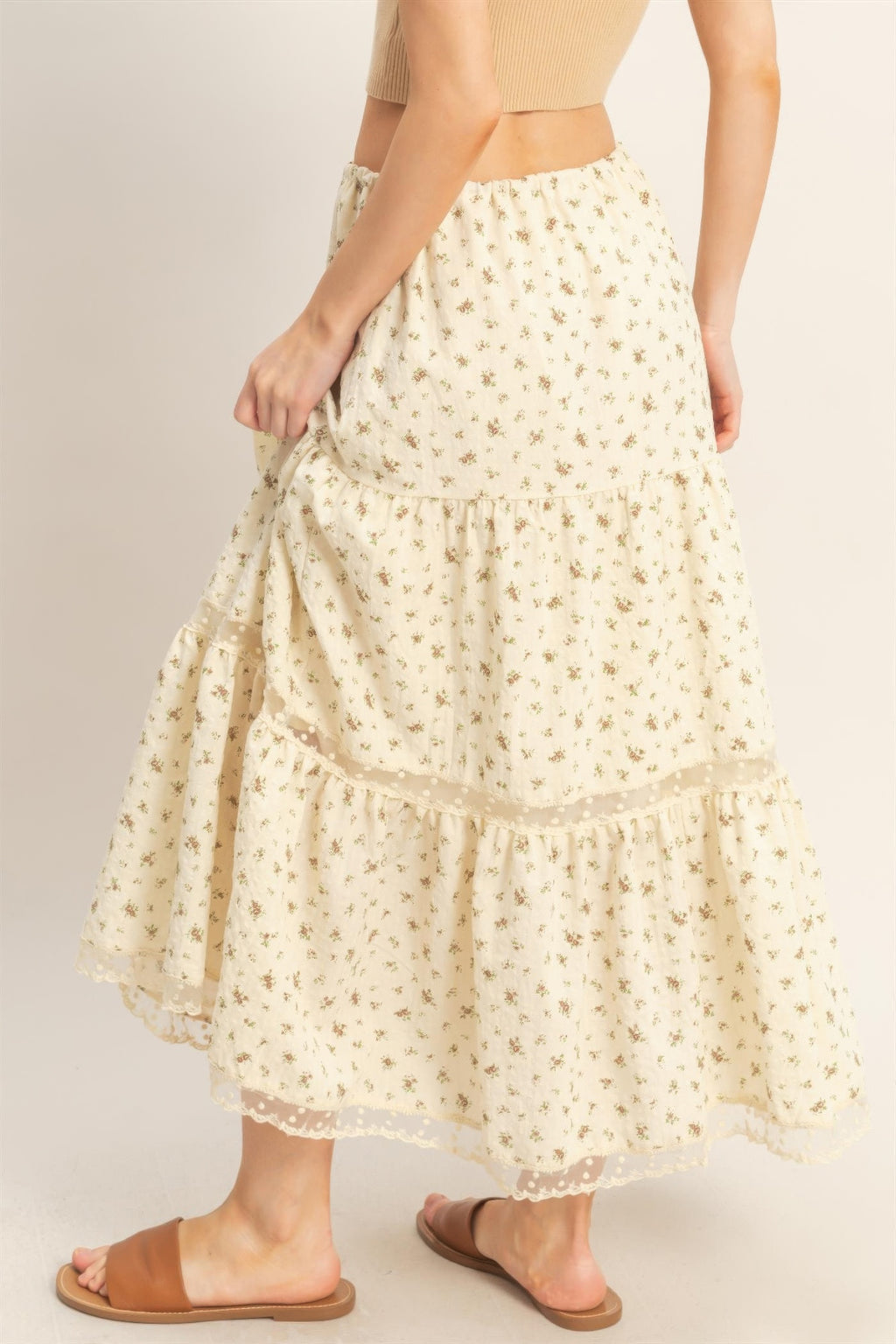 Tiered lace-trim skirt in cream with small floral print and tiered ruffles