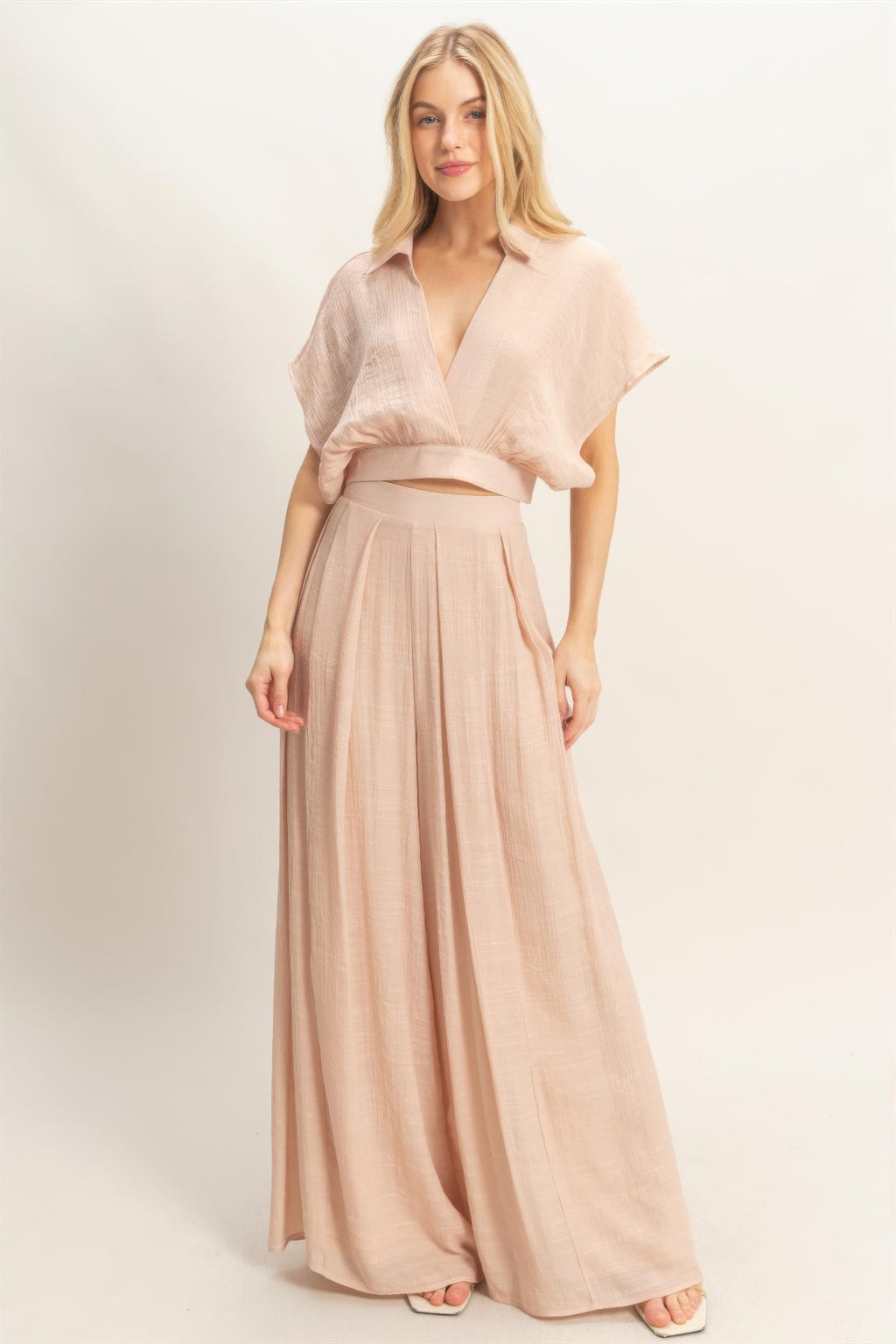 Almond collared wrap top and wide-leg pants set, airy fabric with V-neck wrap