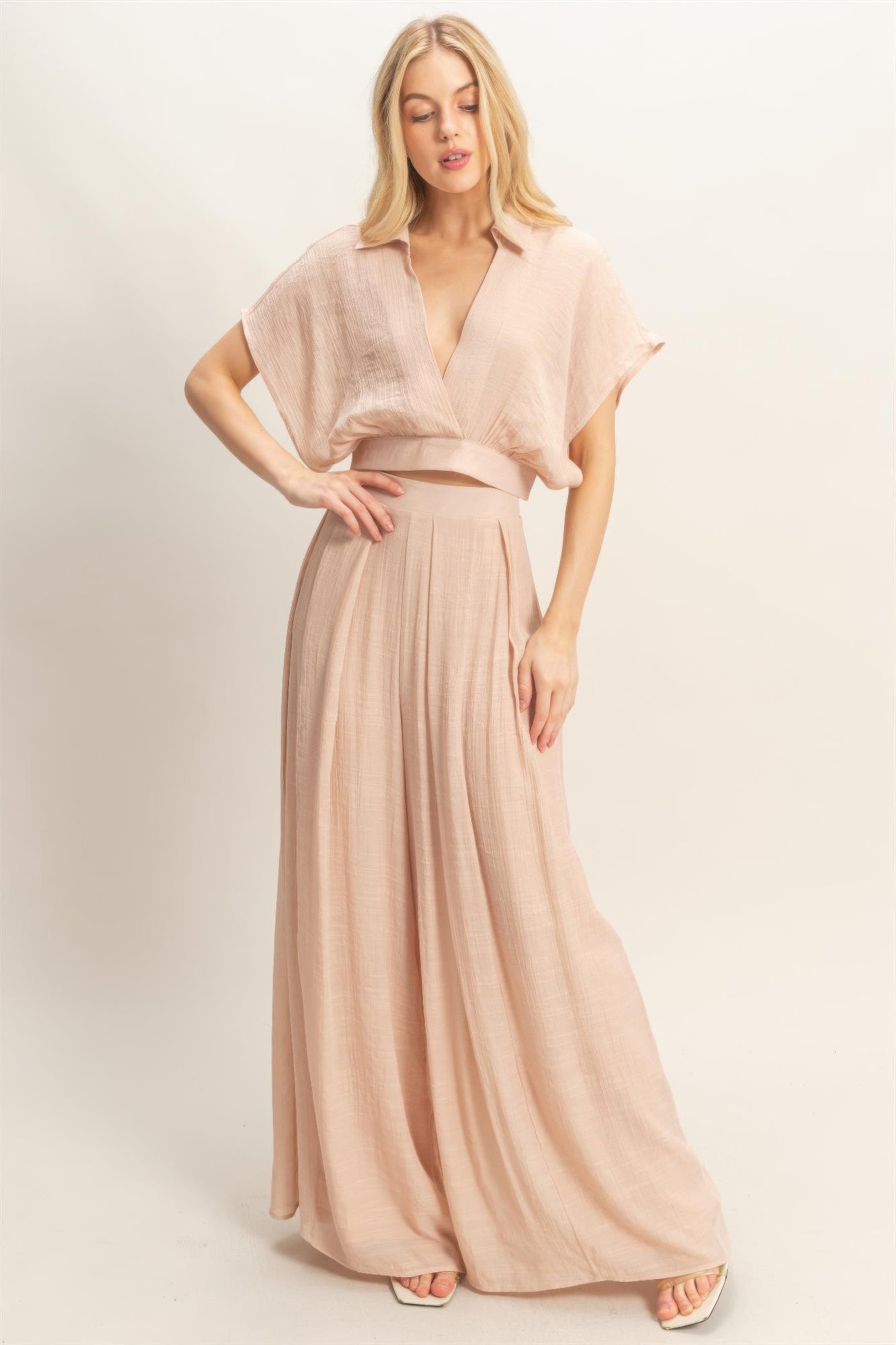 Almond collared wrap top and wide-leg pants set with gathered waist and wide flowing legs
