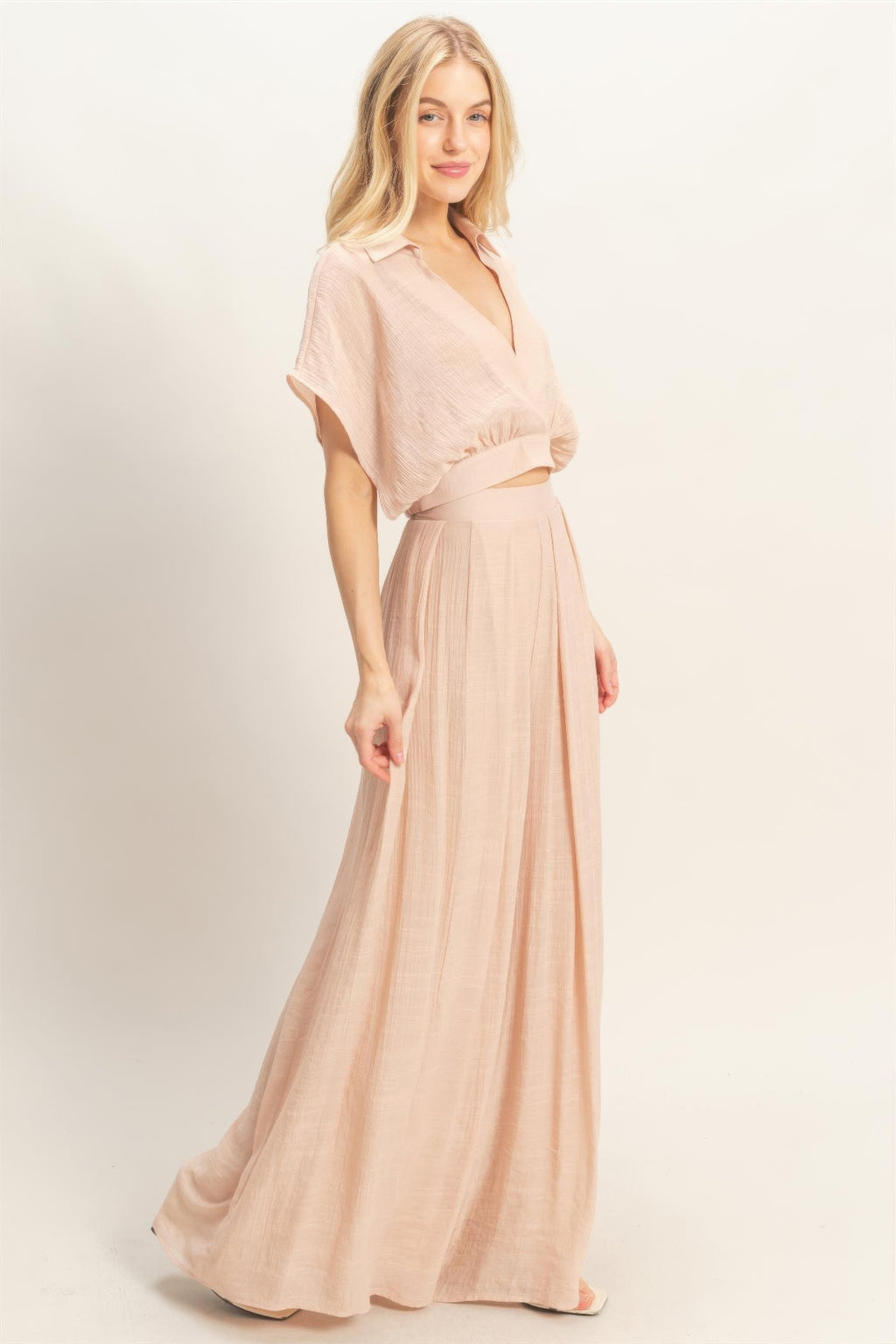 Almond collared wrap top and wide-leg pants set, front view with draped wide pant legs
