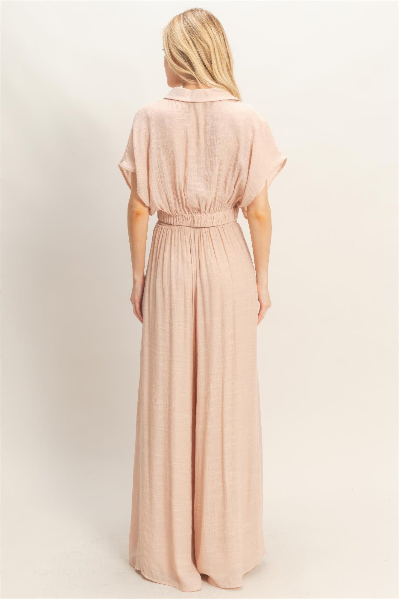 Collared wrap top and wide-leg pants set, almond color, back view