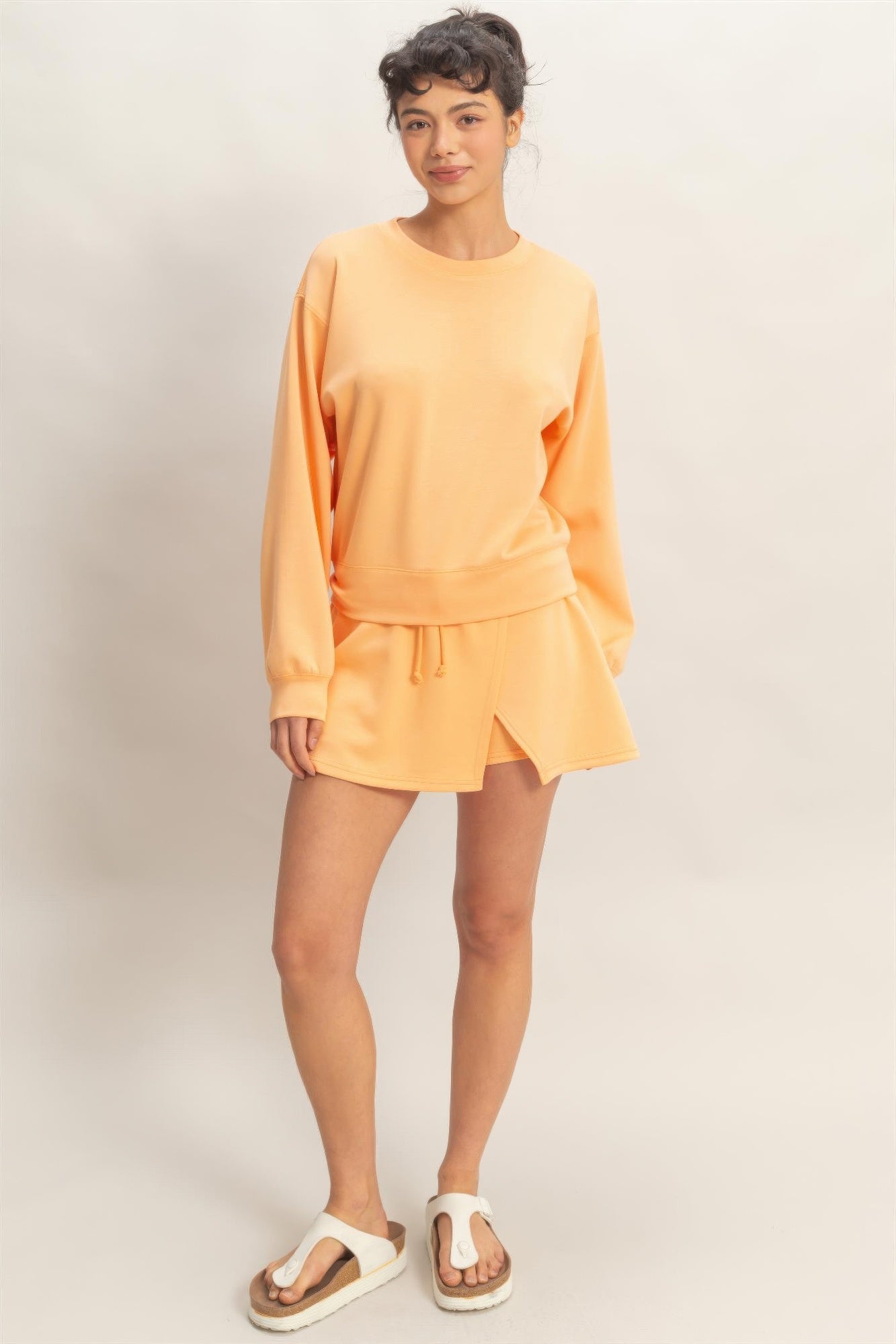Apricot Wrap Front elastic-waist skort, full view with drawstring and wrap-style hem