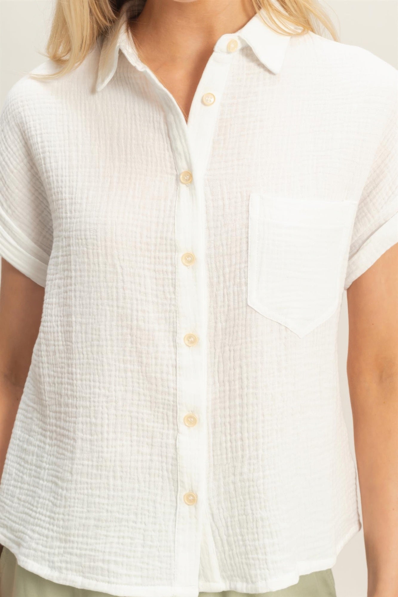 Rolled Sleeve Button-up Top - Tigbul's Variety Fashion Shop