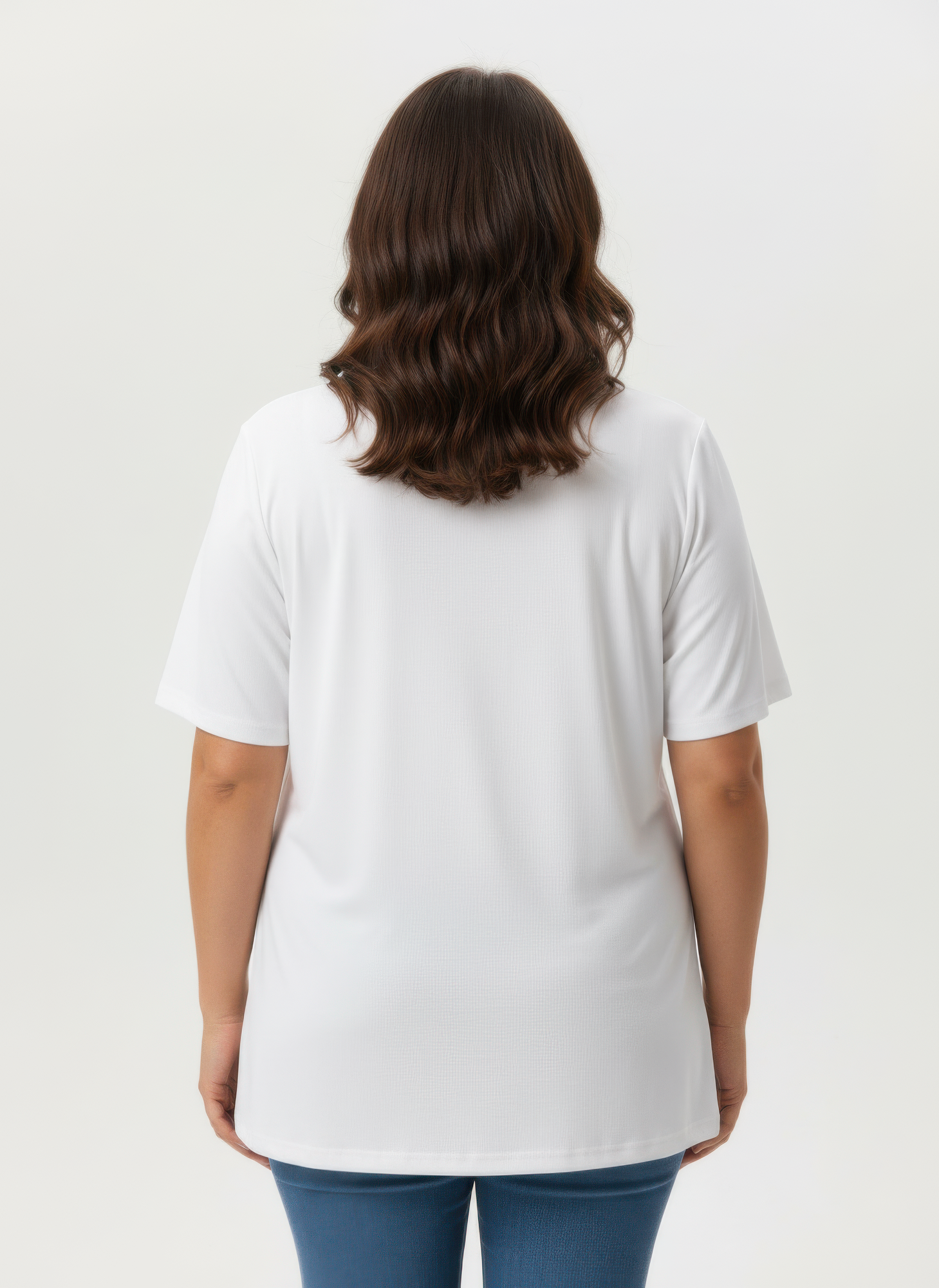 Plain white knit top with flutter sleeves; rear view with short sleeves