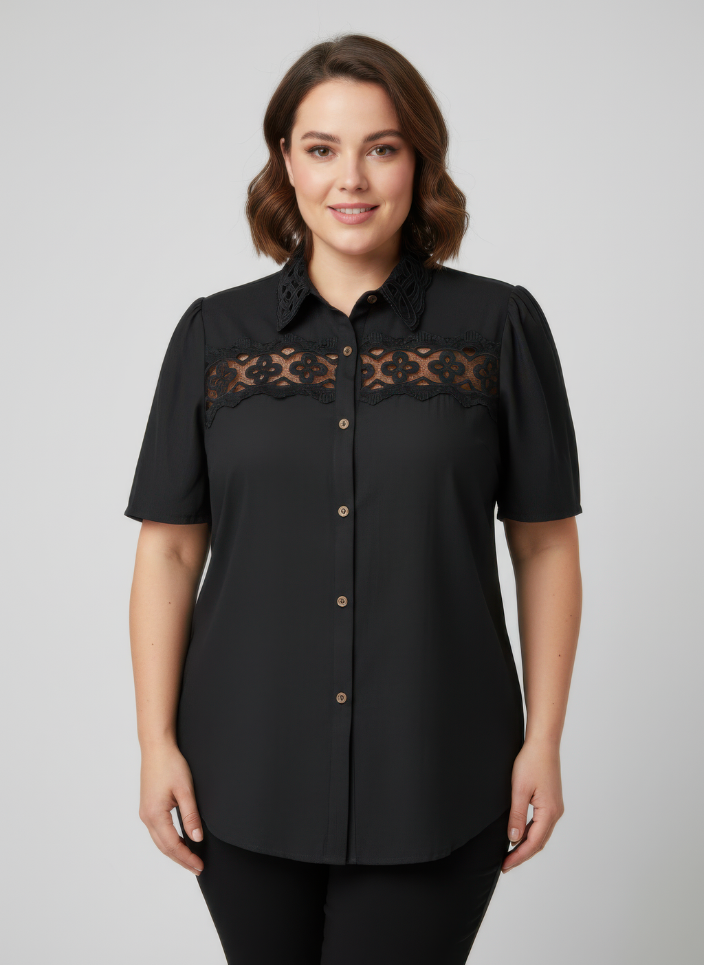 Tigbul's lace panel button-front collared blouse, dark button-up with decorative yoke