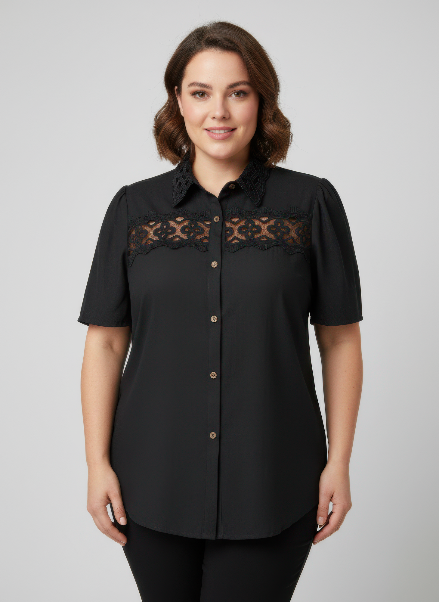 Tigbul's lace panel button-front collared blouse, dark button-up with decorative yoke