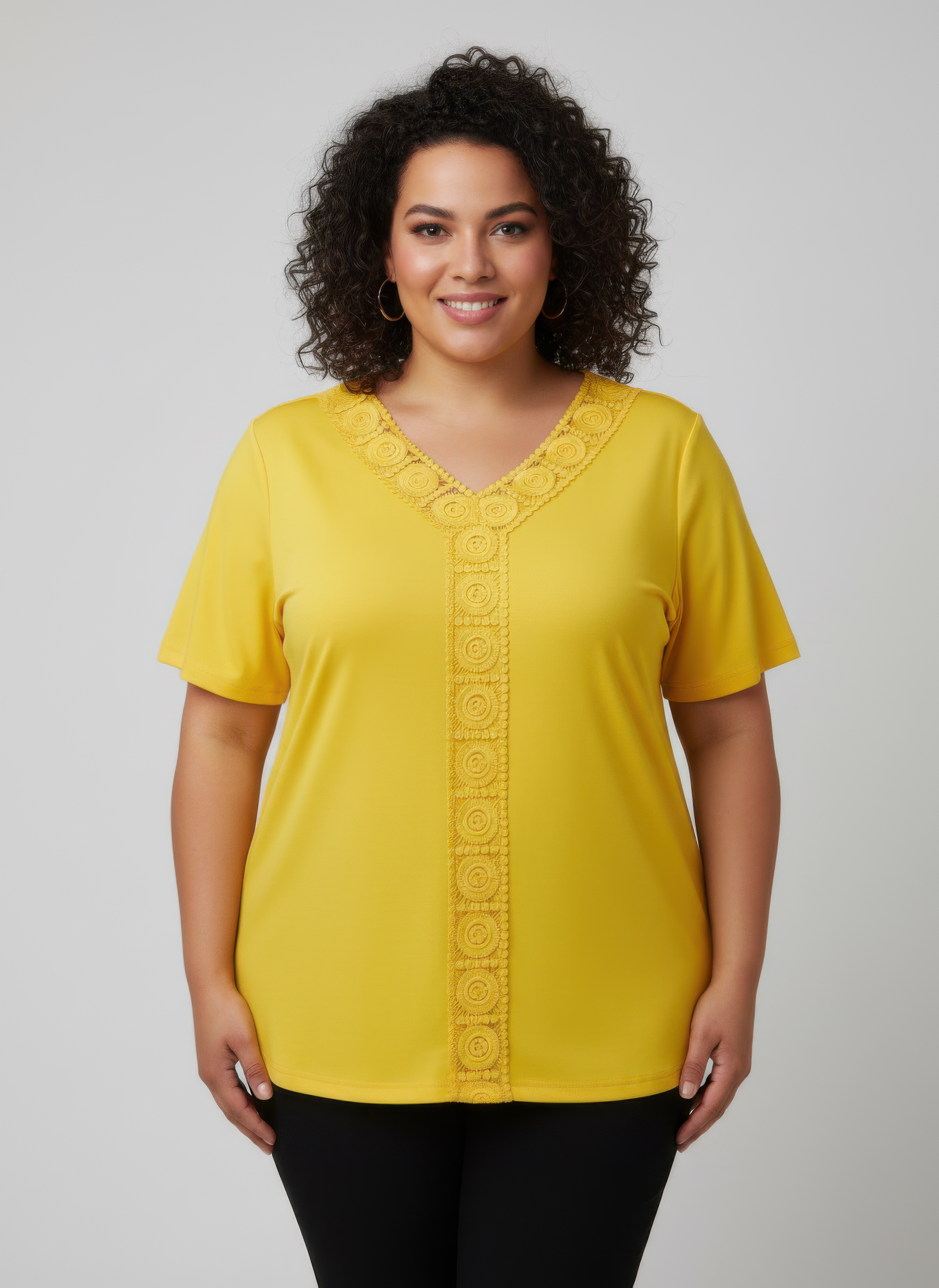 Yellow lace-trim V-neck short sleeve knit top with center decorative lace placket