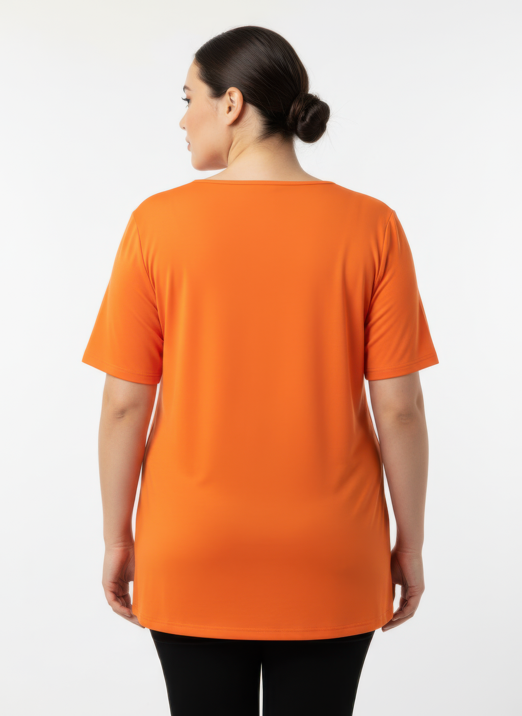 Orange knit top with V-neck and lace trim, back view