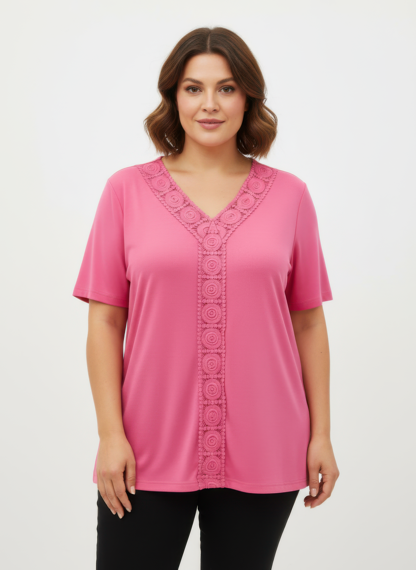 Pink lace-trim V-neck short sleeve knit top with decorative trim placket