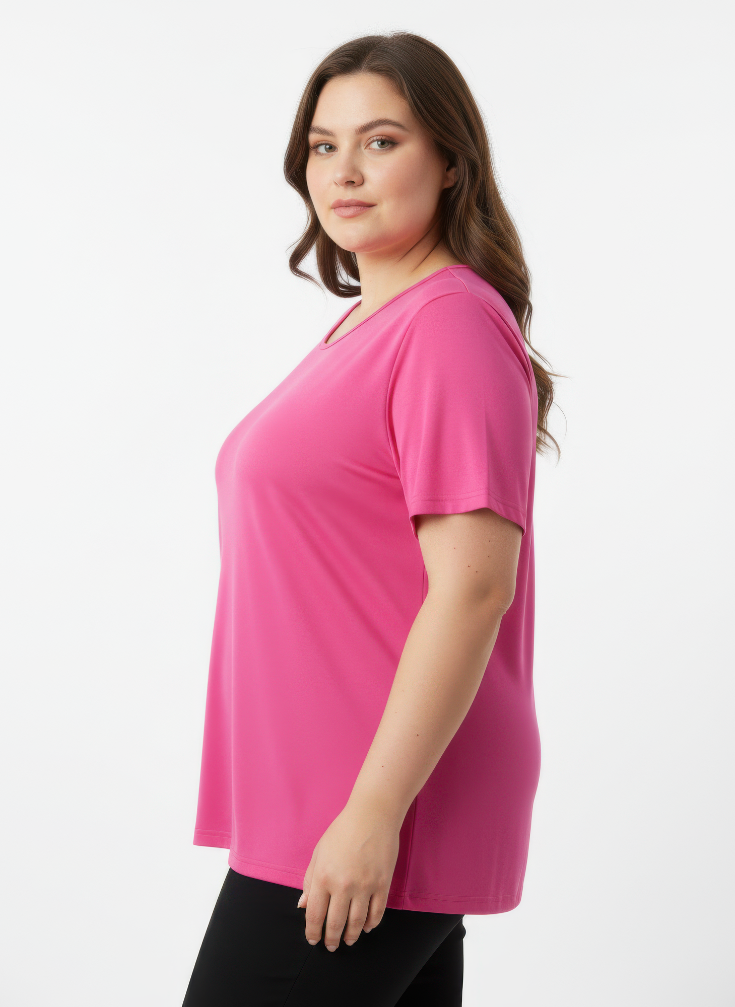 Pink short sleeve knit top with lace V-neck trim, side view