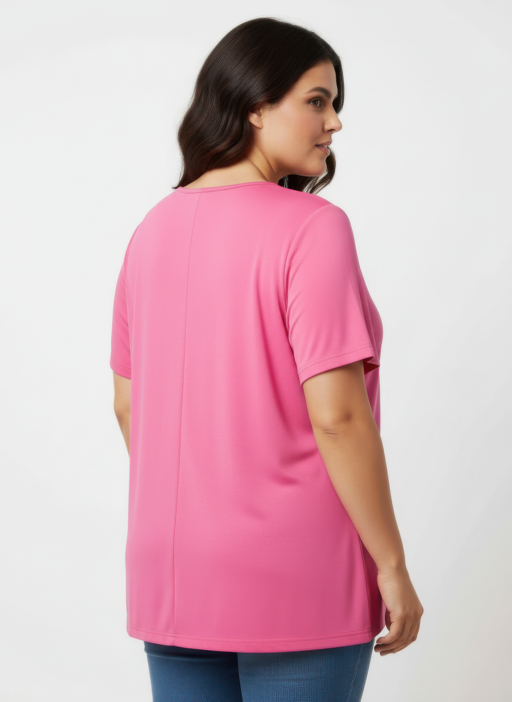 Pink knit top with lace-trim V-neck, back view