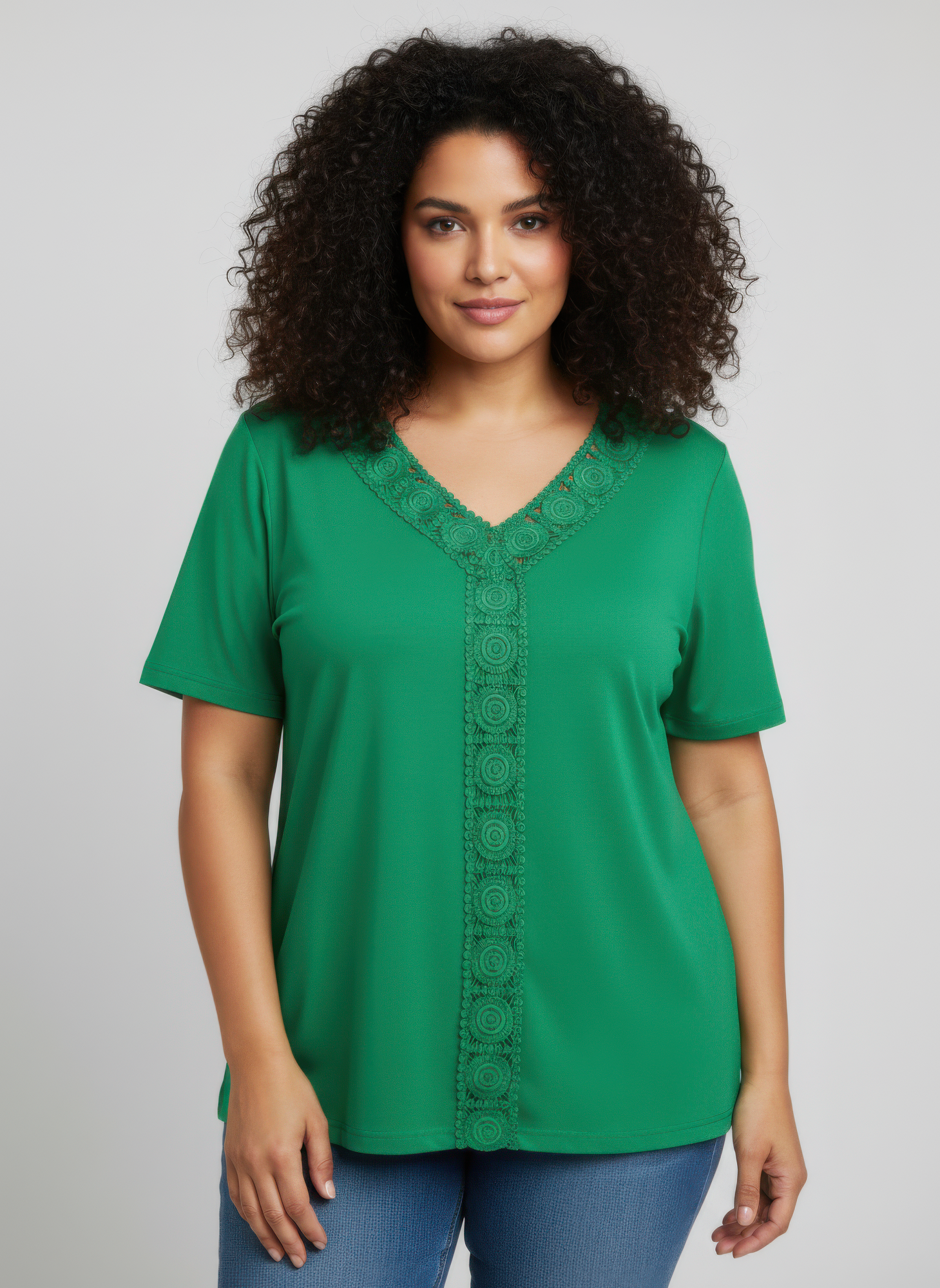 Green lace-trim V-neck short sleeve knit top with vertical decorative trim