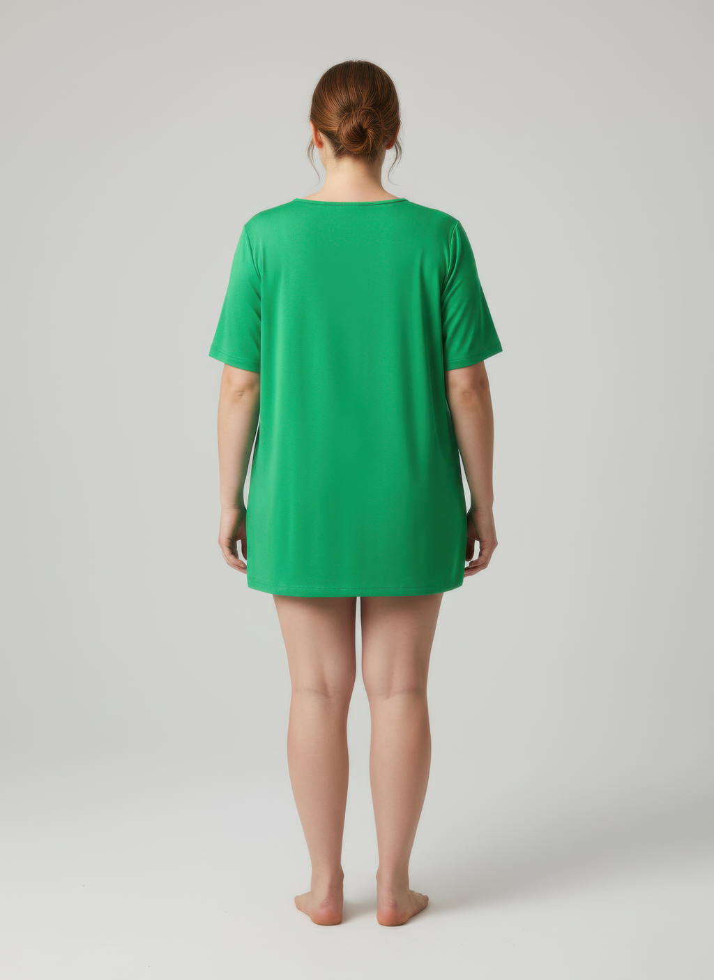Green knit top with lace V-neck trim, back view