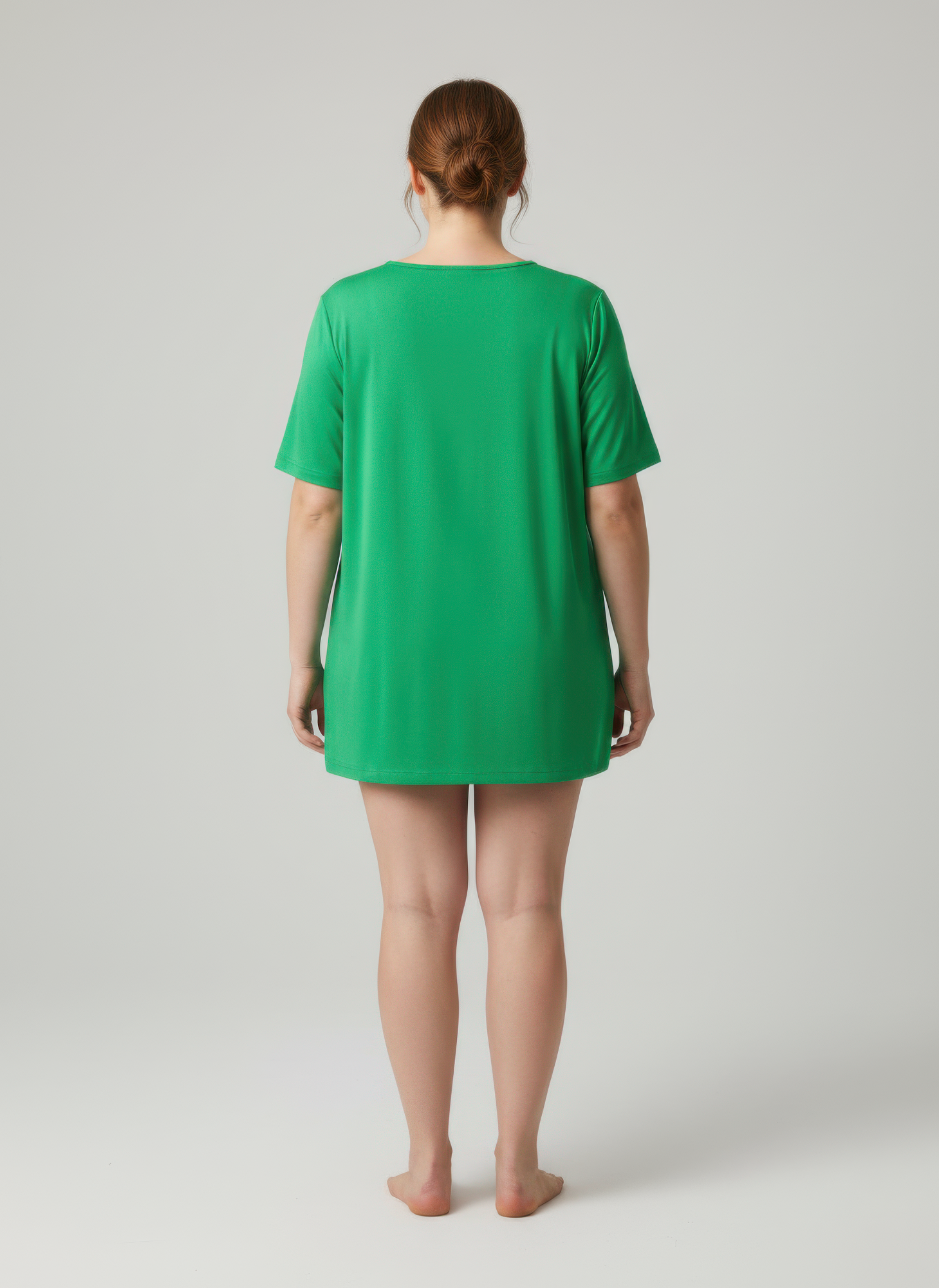 Green knit top with lace V-neck trim, back view