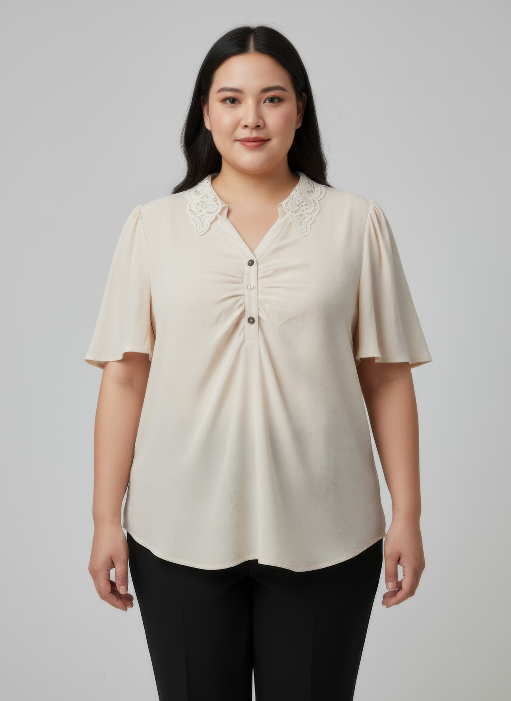 Lace Collar Button Detail Flutter Sleeve Top in Ivory, short-sleeve V-neck