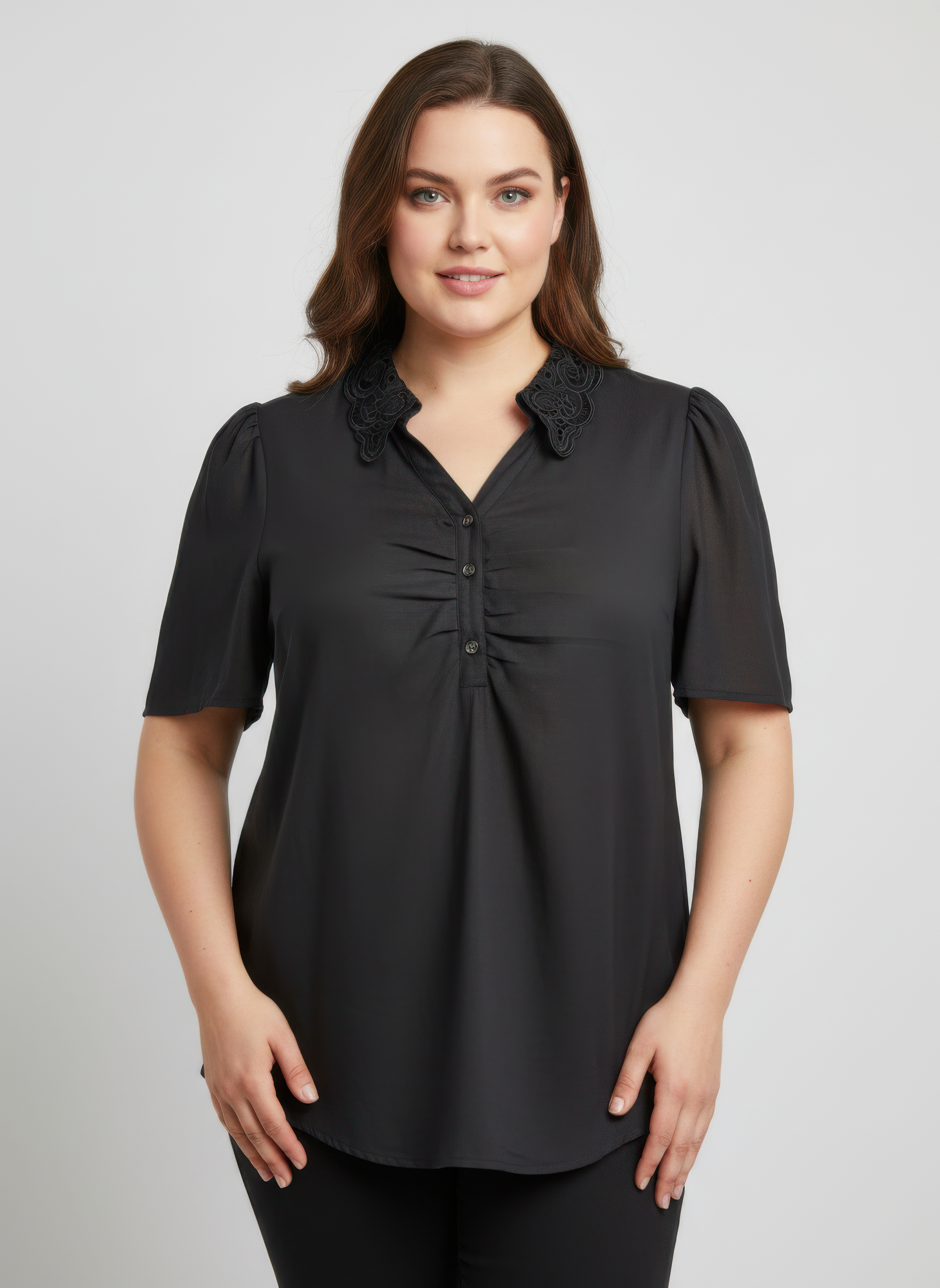 Black lace-collar button detail flutter sleeve top with short puffed sleeves