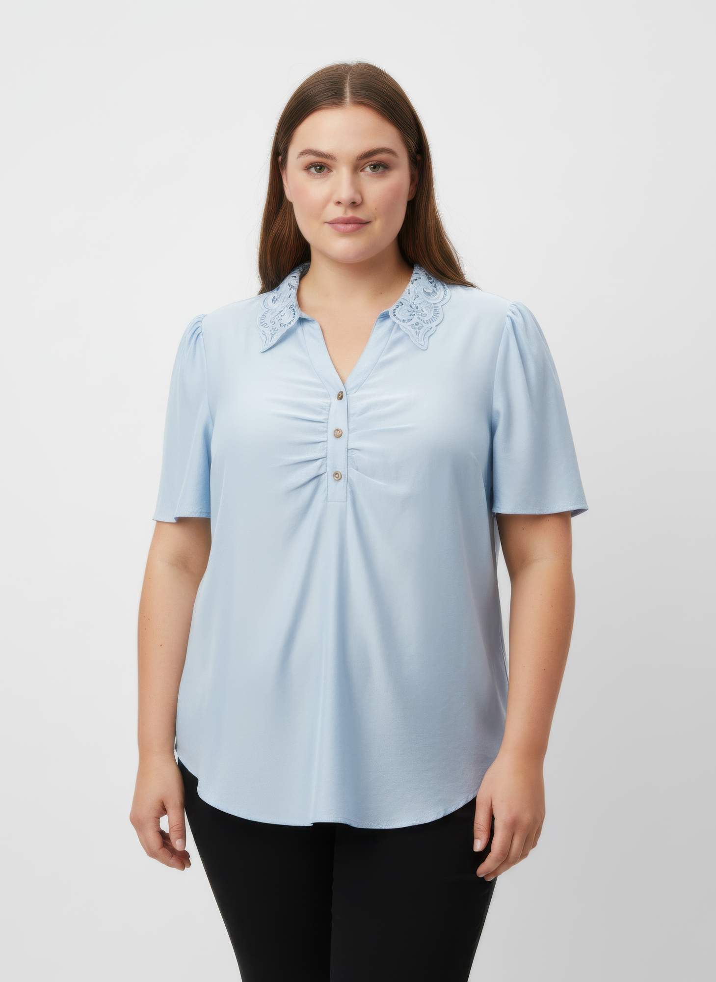 Lace Collar Button Detail Flutter Sleeve Top in Light blue, buttoned V-neck