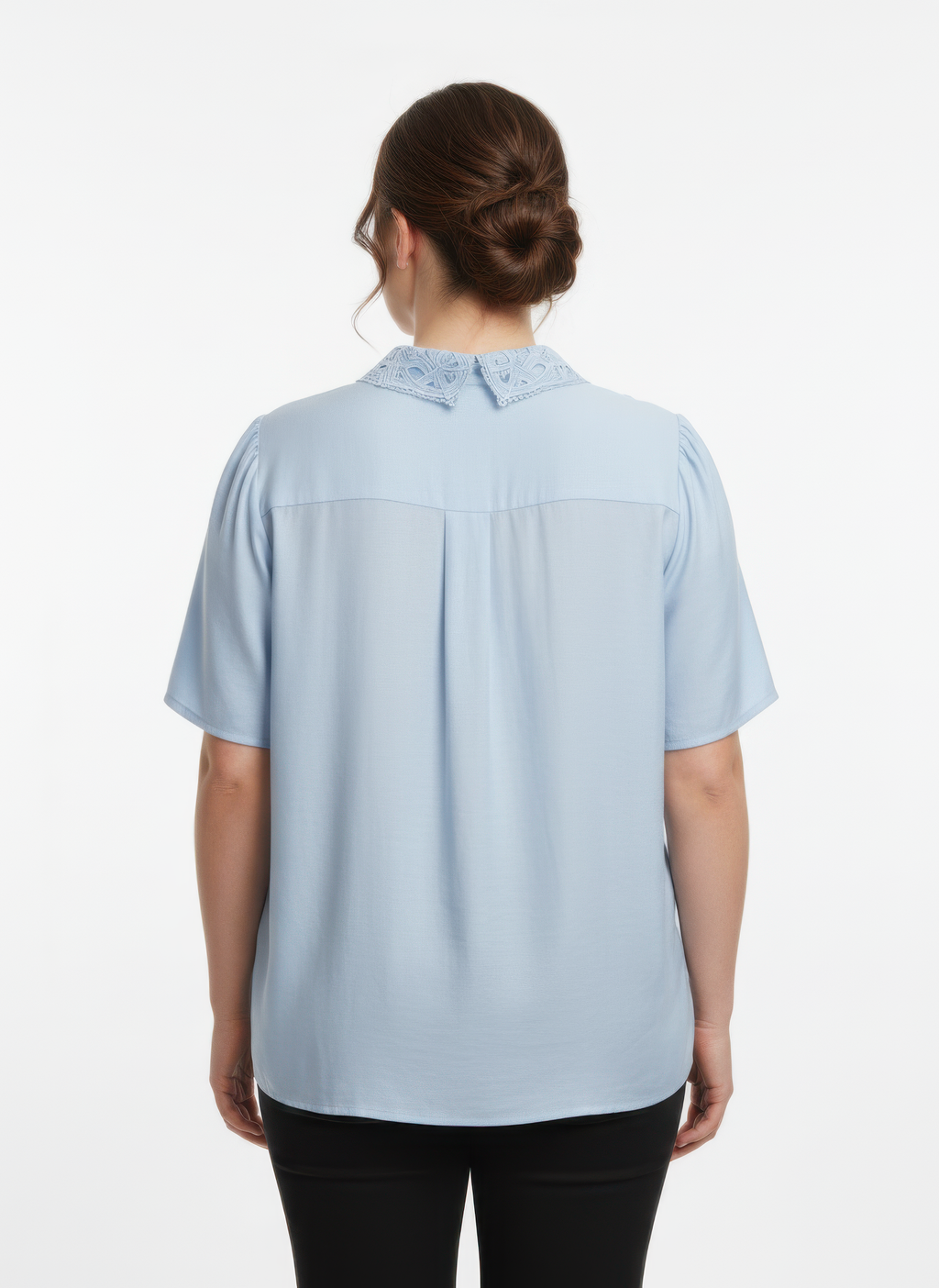Back view of light blue lace-collar button detail flutter sleeve top, short sleeves