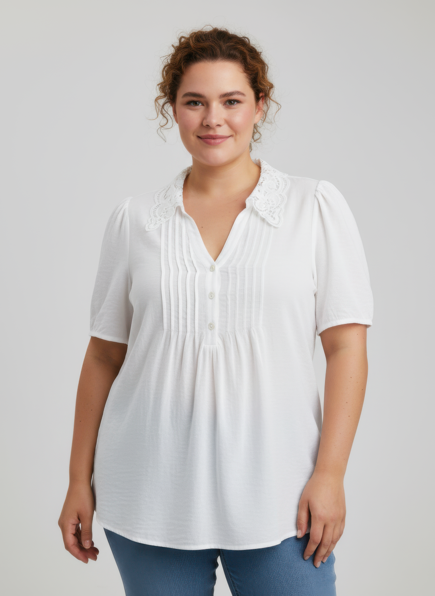 White lace collar button detail flutter sleeve top with gathered front and short sleeves