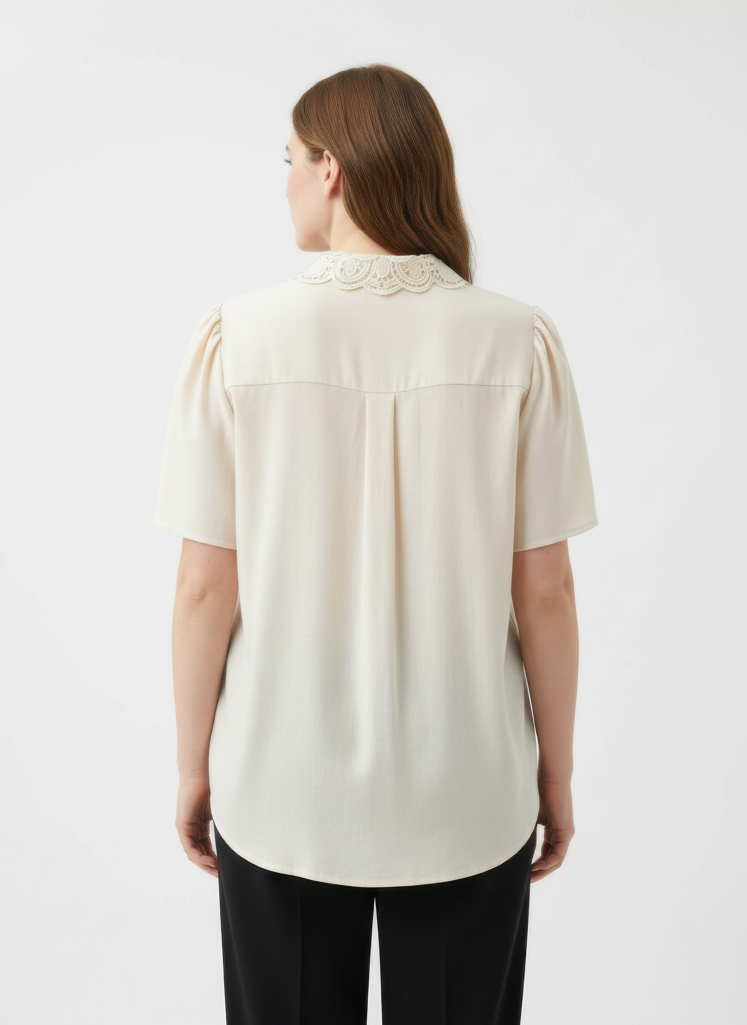 Back view of ivory lace-collar button detail flutter sleeve top, short sleeves