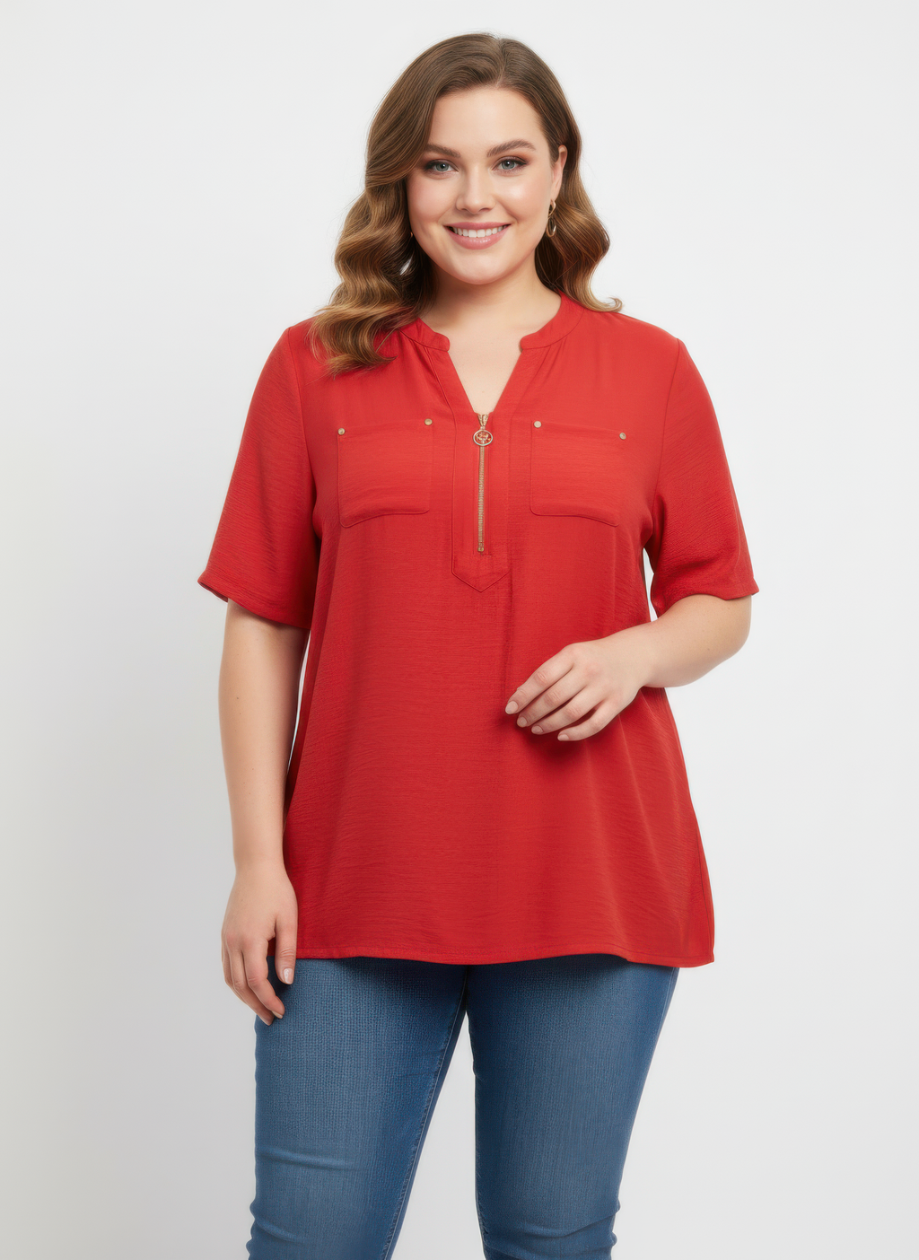 Red knit utility top with front zipper and chest pockets