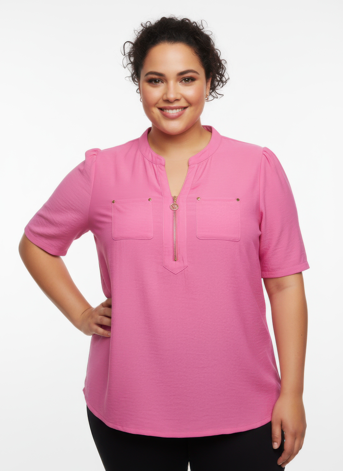 Zip-front Utility Pocket Knit Top - Tigbul's Variety Fashion Shop
